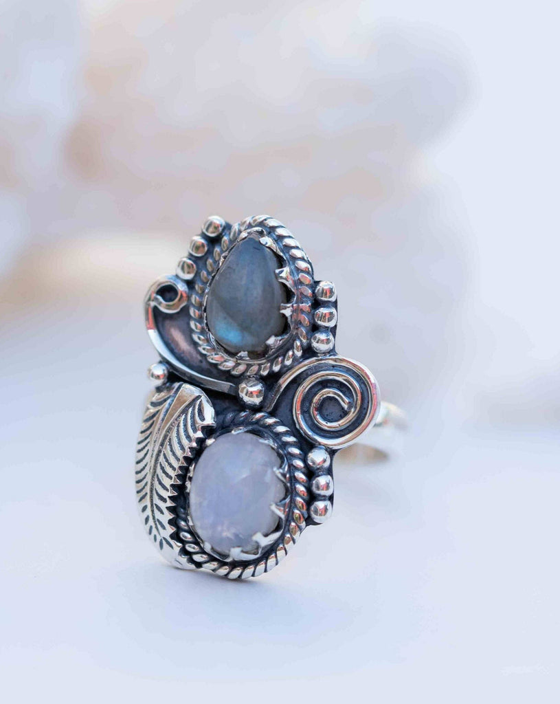 Rainbow Labradorite and Moonstone Ring Large ~Gemstone ~ Sterling Silver 925 ~Jewelry ~Handmade~February Birthstone ~Statement ~Gift ~ MR287