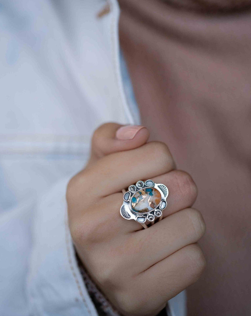 Spiny Oyster Turquoise Ring ~ oval shape ~Sterling Silver 925 ~ Handmade ~ Gemstone ~ Statement~ December Birthstone Boho * MR284