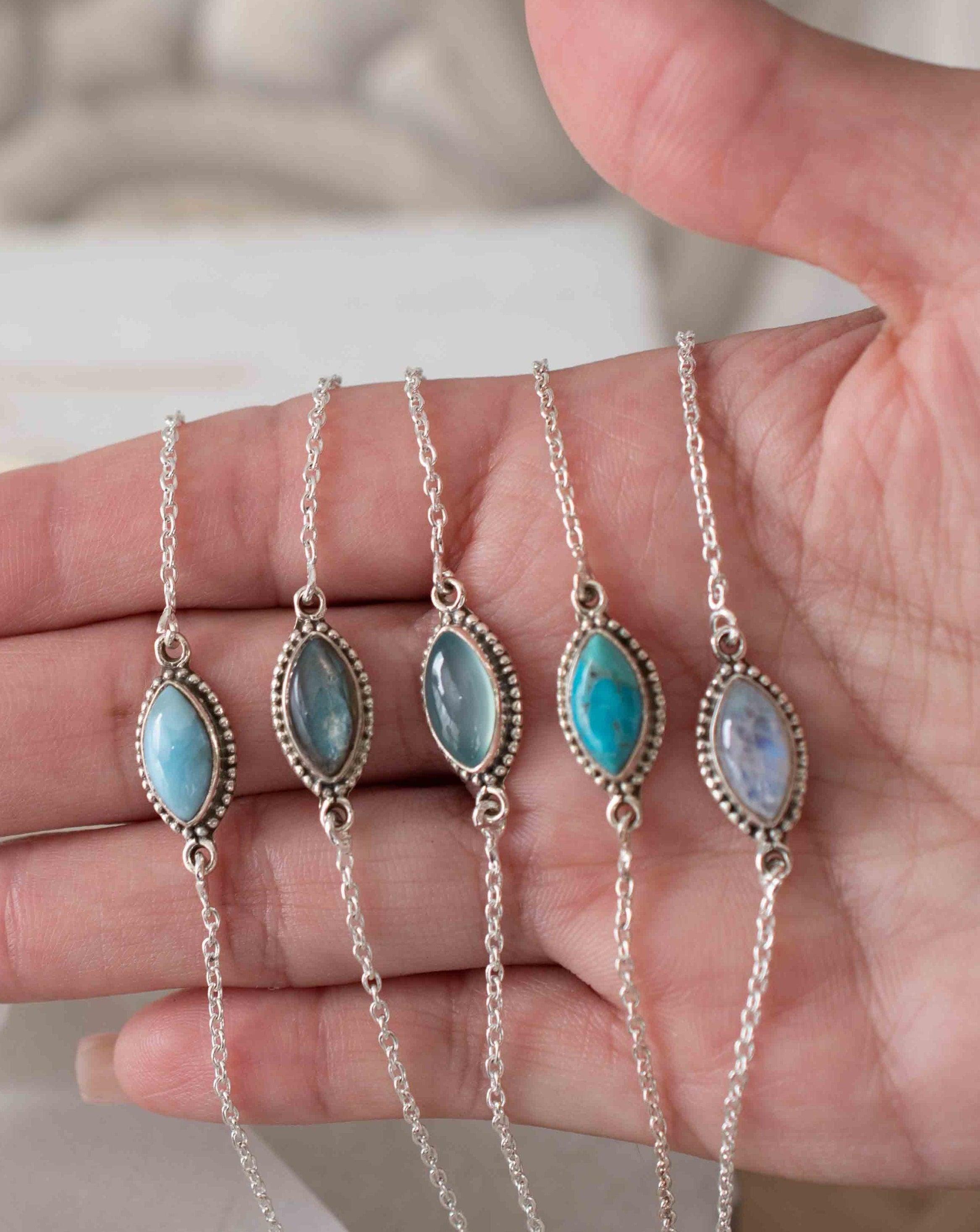Turquoise, Labradorite, Larimar, Moonstone and Aqua Chalcedony Bracelet ~ Sterling Silver 925 ~Handmade ~Hippie ~Bohemian  ~Stackable MB042