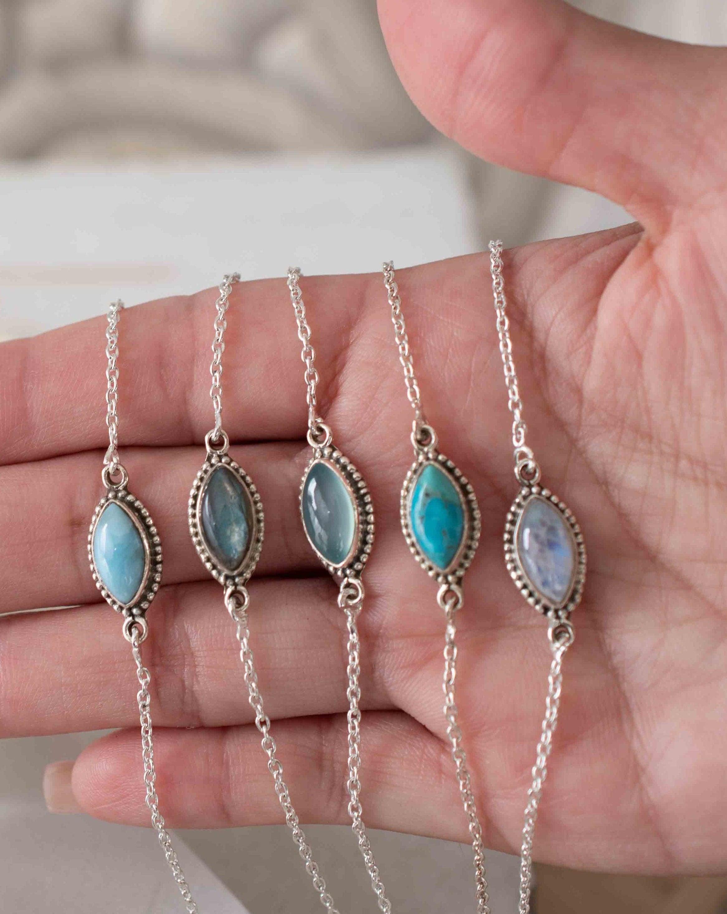 Turquoise, Labradorite, Larimar, Moonstone and Aqua Chalcedony Bracelet ~ Sterling Silver 925 ~Handmade ~Hippie ~Bohemian  ~Stackable MB0