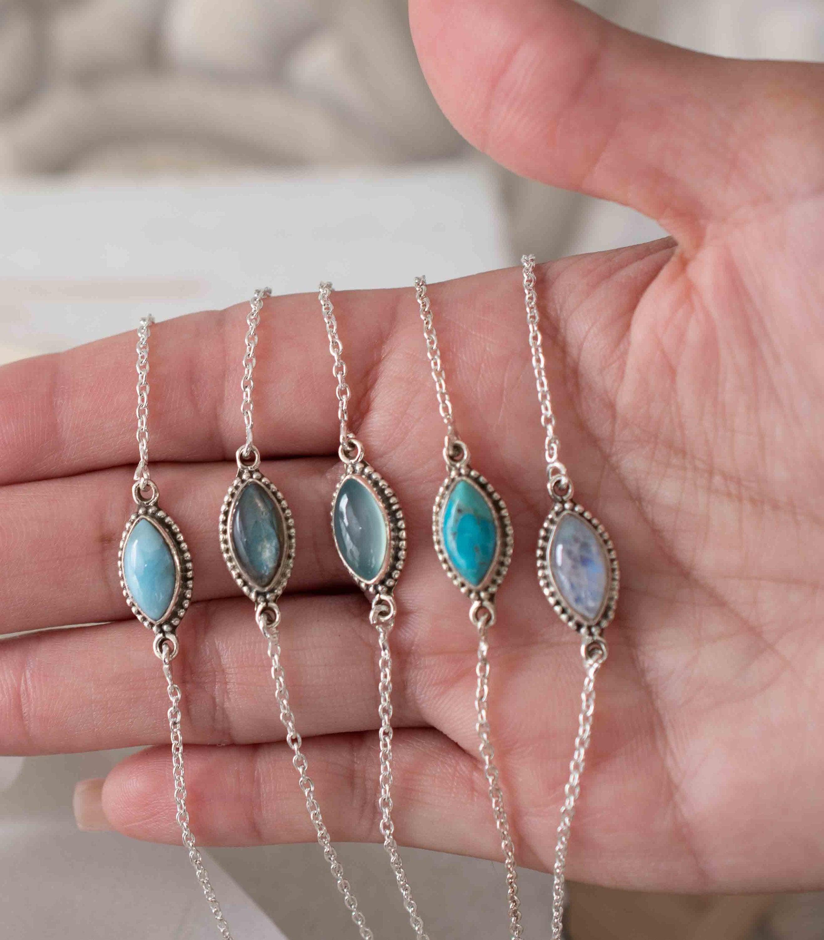 Turquoise, Labradorite, Larimar, Moonstone and Aqua Chalcedony Bracelet ~ Sterling Silver 925 ~Handmade ~Hippie ~Bohemian  ~Stackable MB0