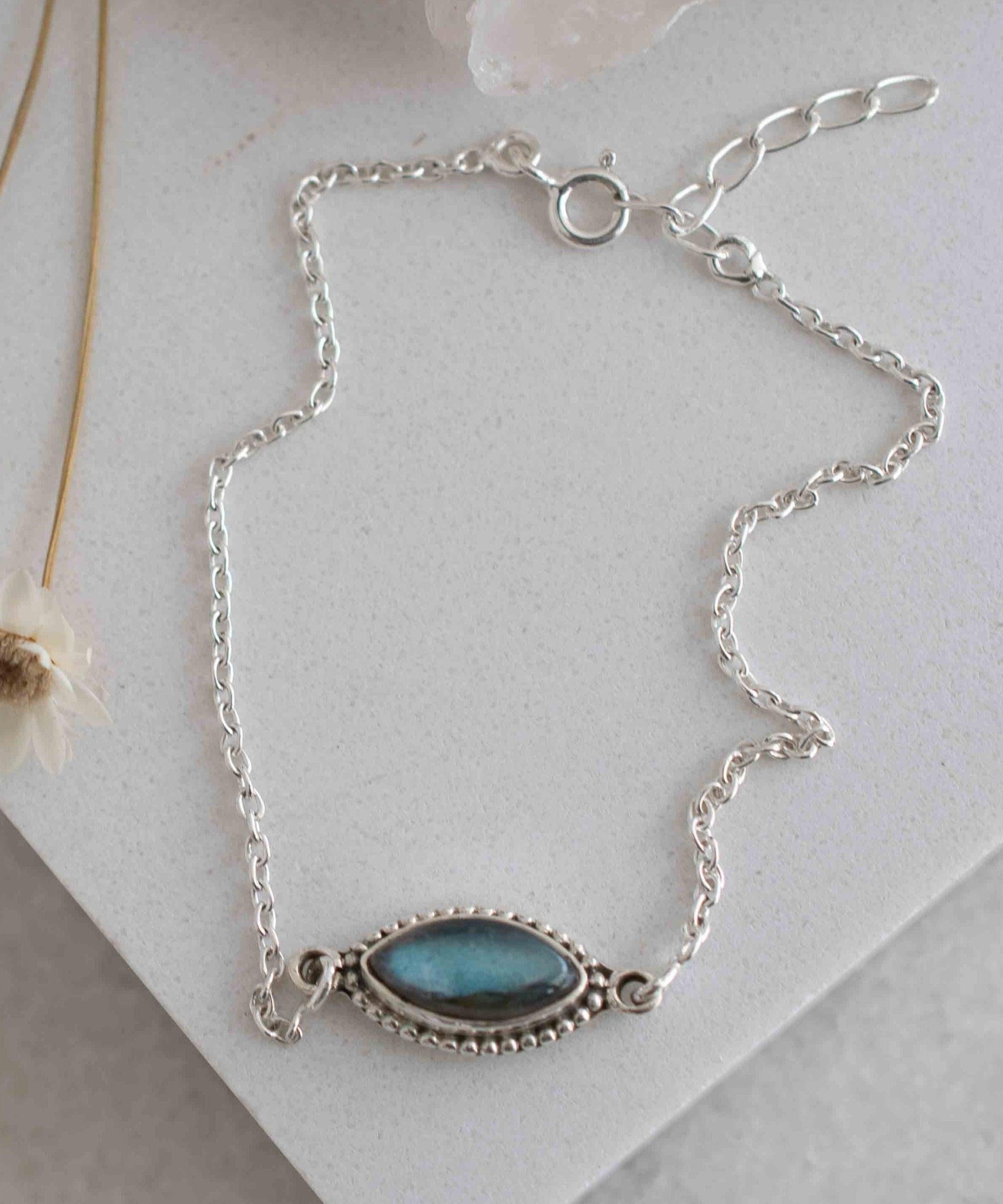 Turquoise, Labradorite, Larimar, Moonstone and Aqua Chalcedony Bracelet ~ Sterling Silver 925 ~Handmade ~Hippie ~Bohemian  ~Stackable MB042
