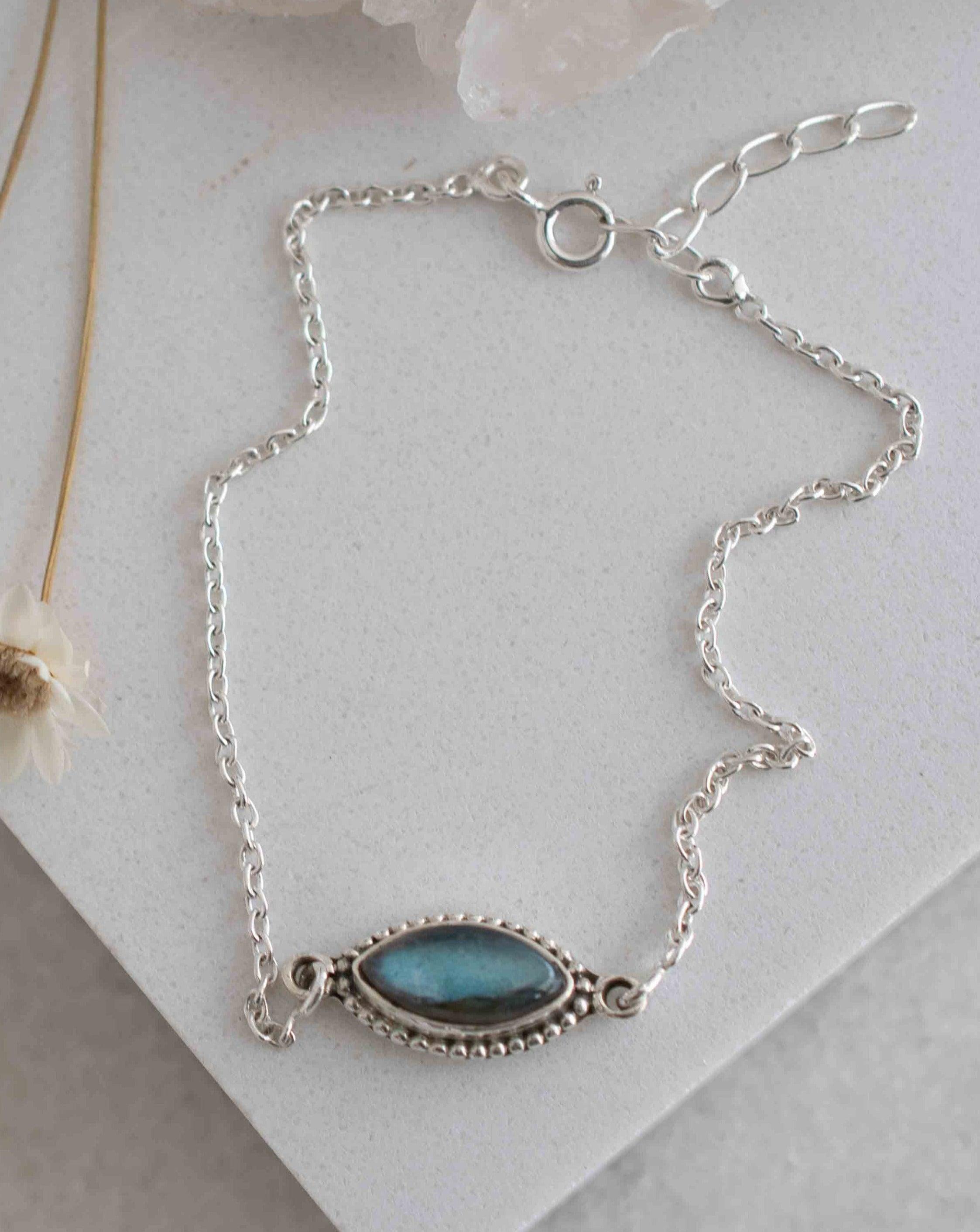 Turquoise, Labradorite, Larimar, Moonstone and Aqua Chalcedony Bracelet ~ Sterling Silver 925 ~Handmade ~Hippie ~Bohemian  ~Stackable MB042