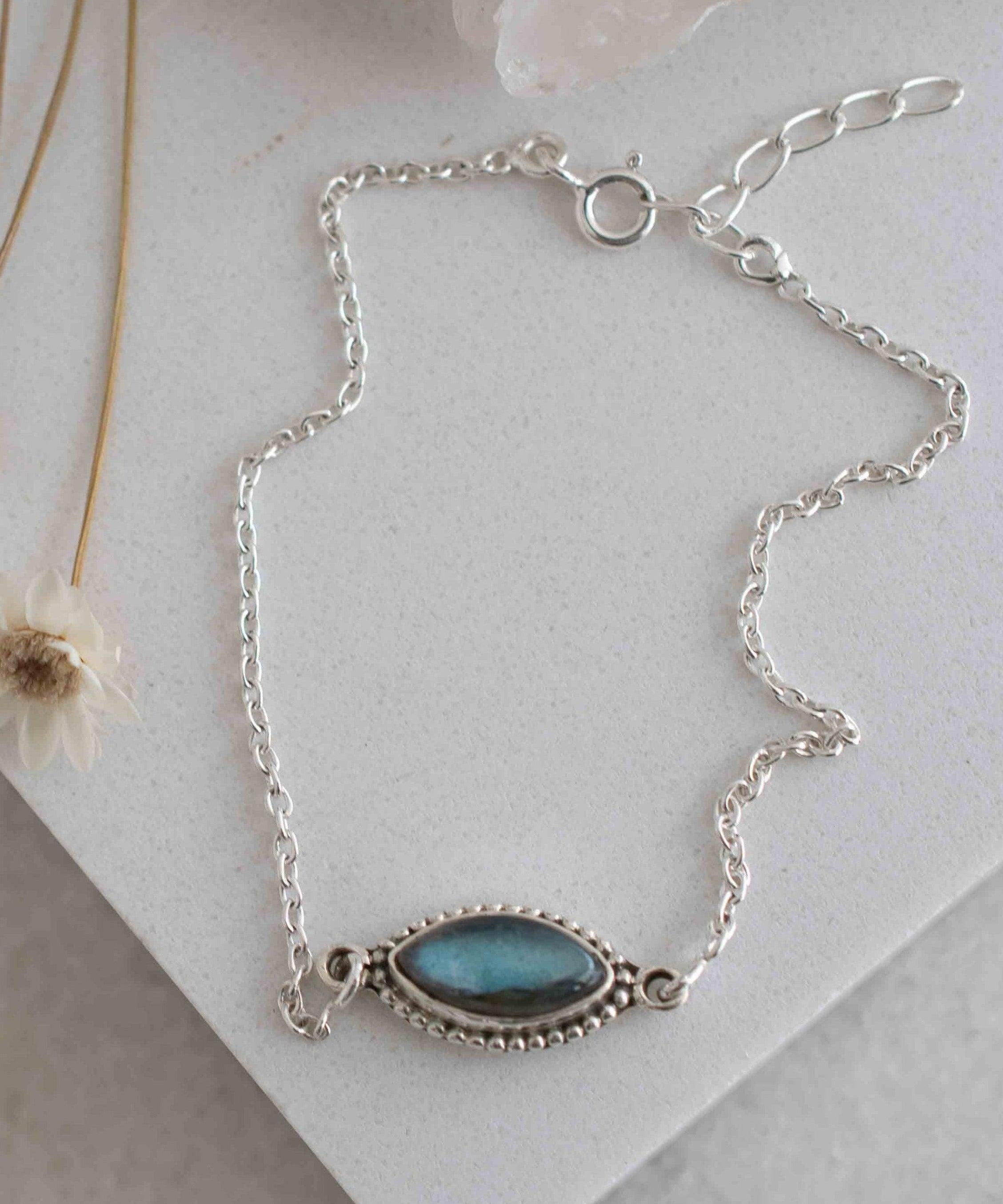 Turquoise, Labradorite, Larimar, Moonstone and Aqua Chalcedony Bracelet ~ Sterling Silver 925 ~Handmade ~Hippie ~Bohemian  ~Stackable MB0
