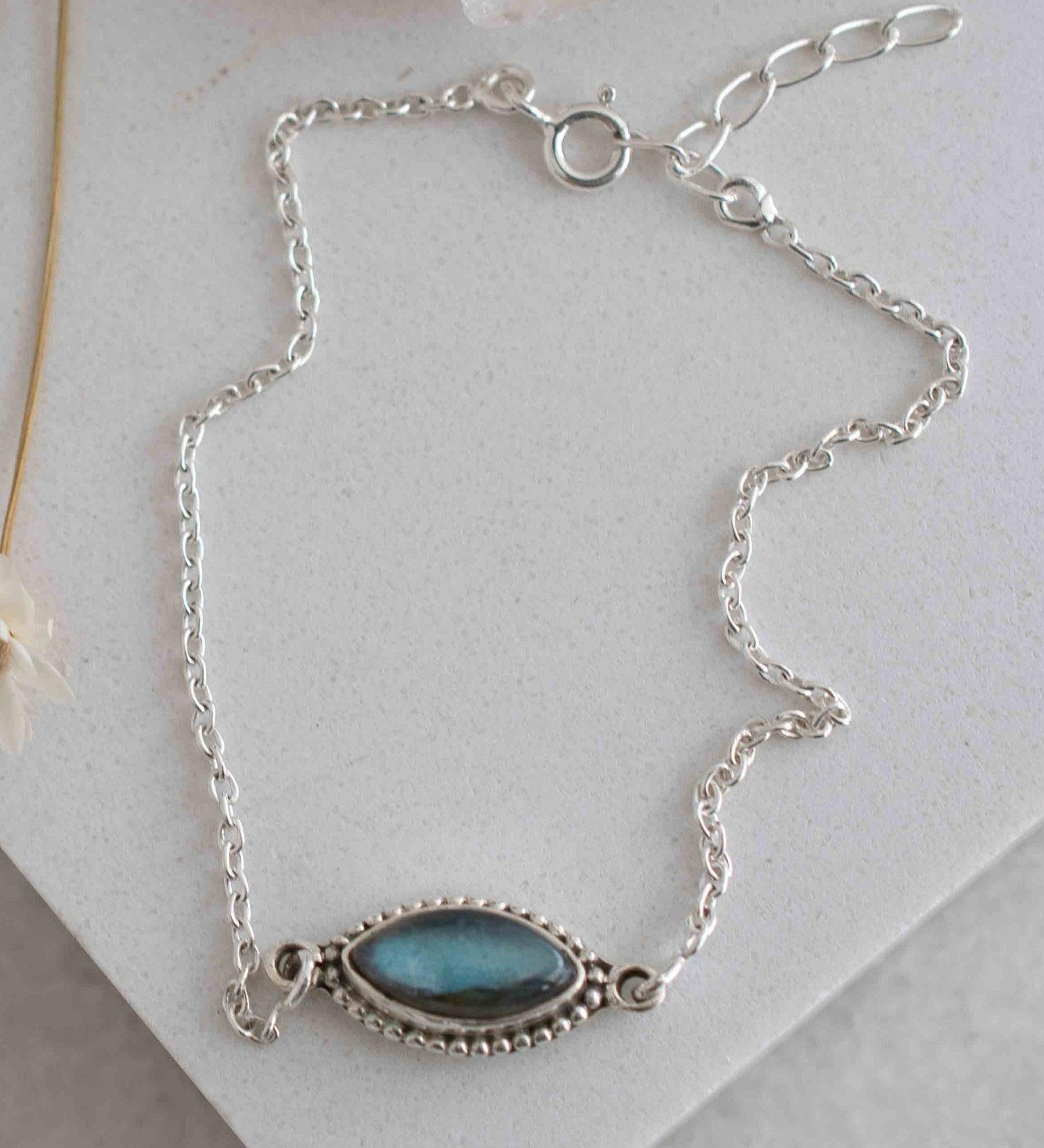 Turquoise, Labradorite, Larimar, Moonstone and Aqua Chalcedony Bracelet ~ Sterling Silver 925 ~Handmade ~Hippie ~Bohemian  ~Stackable MB0
