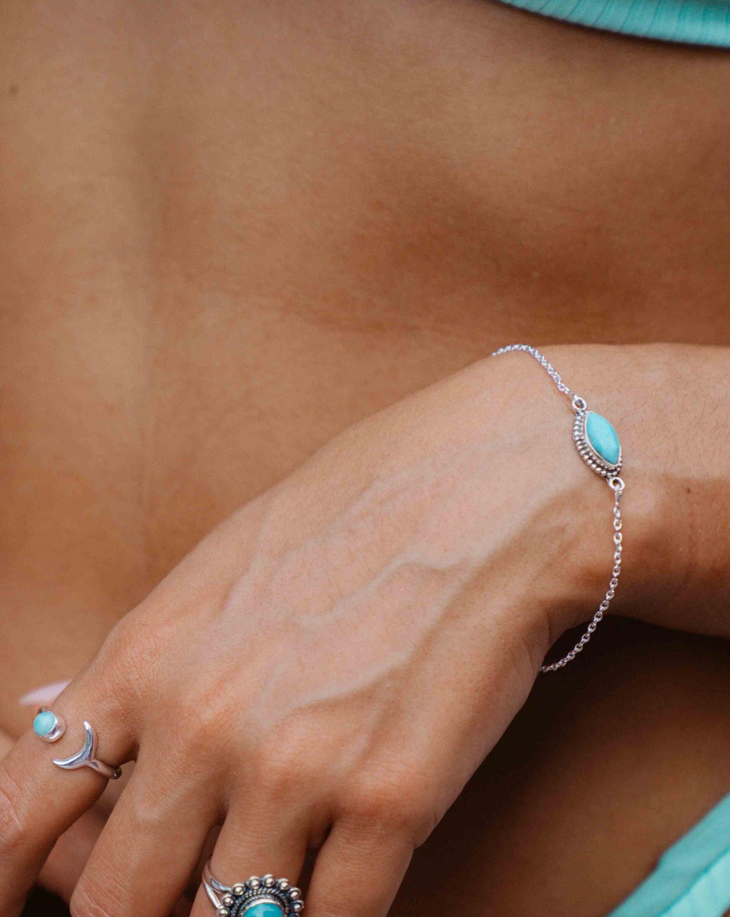 Turquoise, Labradorite, Larimar, Moonstone and Aqua Chalcedony Bracelet ~ Sterling Silver 925 ~Handmade ~Hippie ~Bohemian  ~Stackable MB042