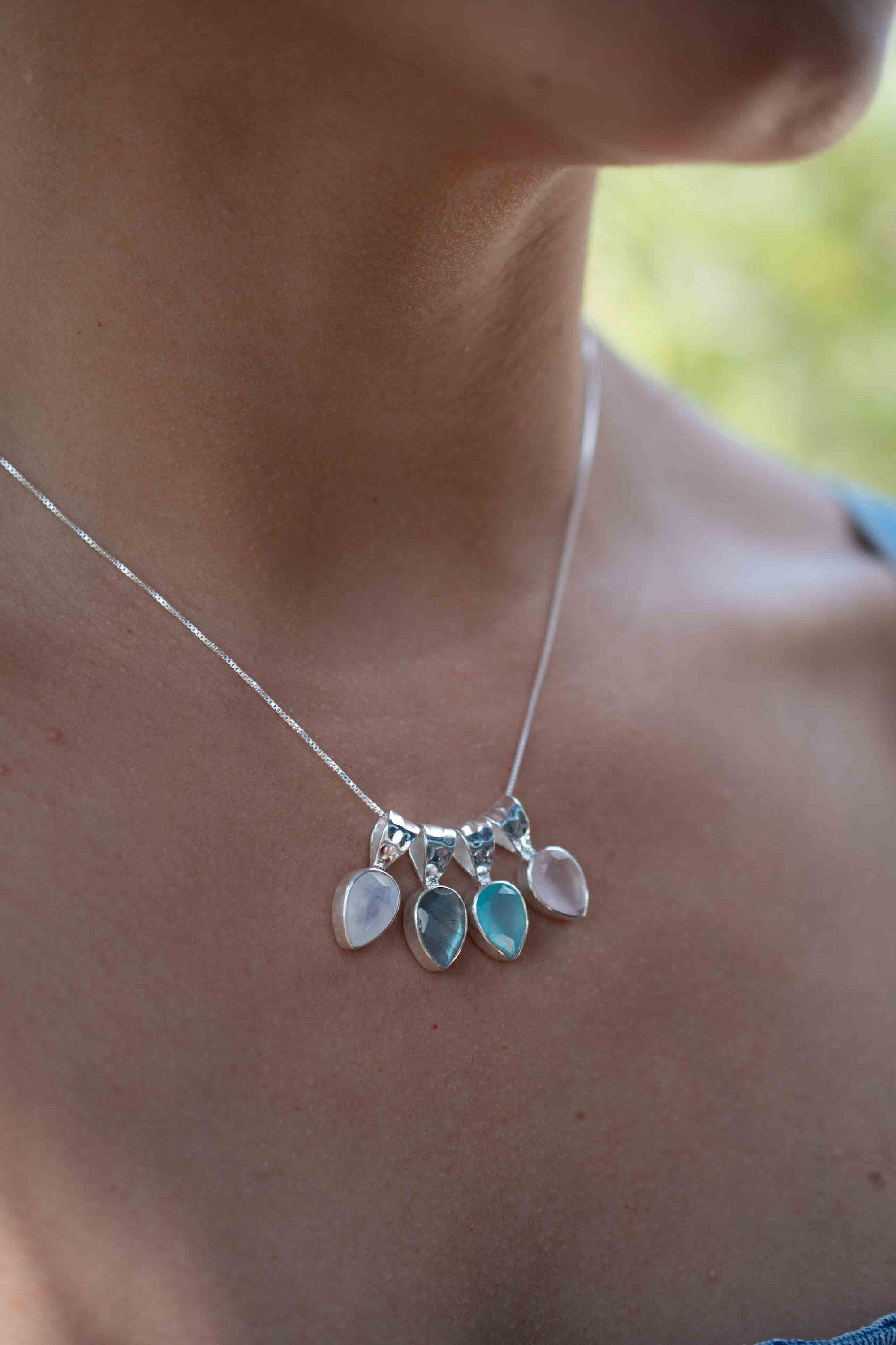 Labradorite, Aqua Chalcedony, Rose Quartz, Moonstone ~ Tear Drop ~ Sterling Silver ~ Charm ~ Layered ~ minimalist ~ delicate MP009