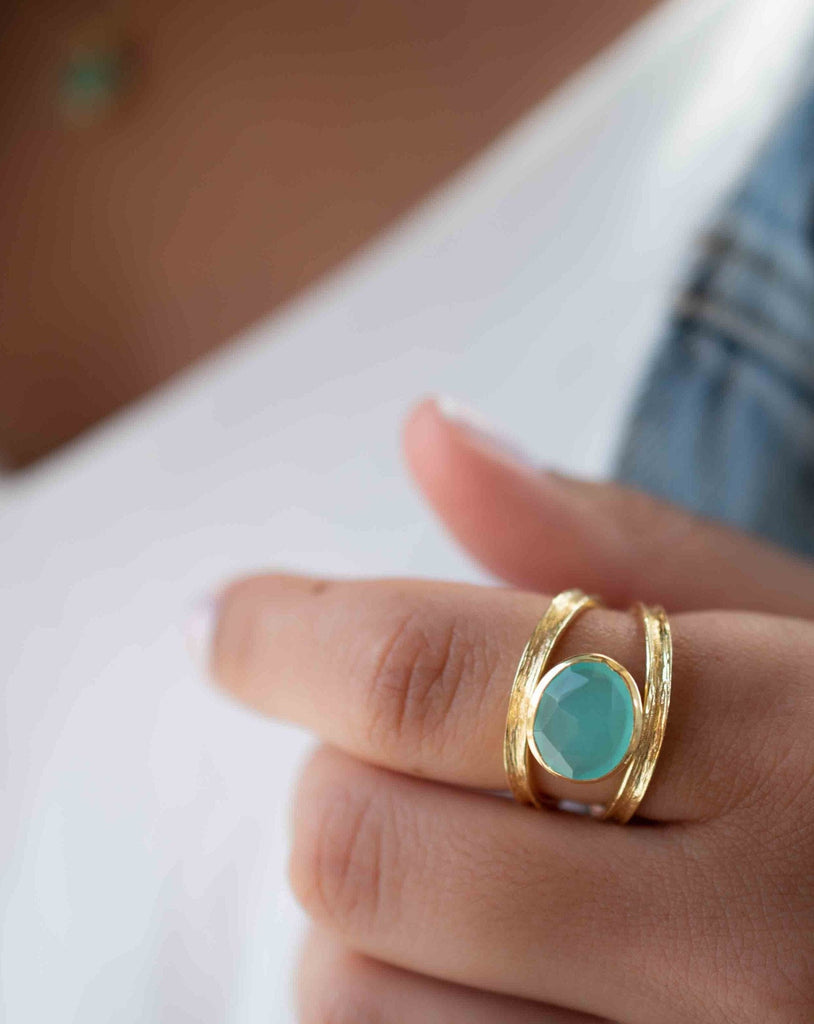 Aqua Chalcedony Gold Ring ~ Tear Drop Ring Delicate ~ 18k Gold Plated~Handmade~Gemstone~Statement~Everyday~Bohemian~ May Birthstone MR309