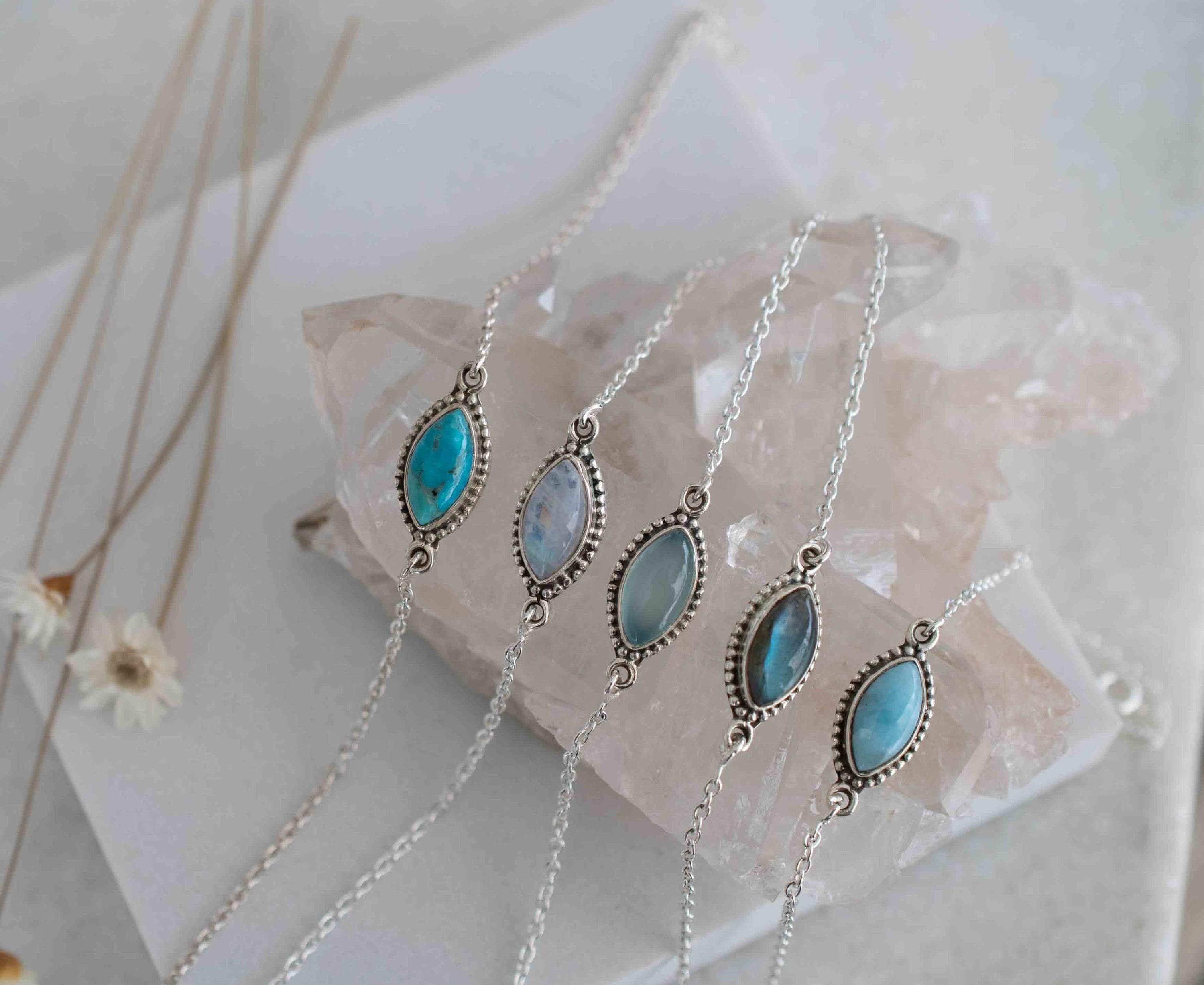 Turquoise, Labradorite, Larimar, Moonstone and Aqua Chalcedony Bracelet ~ Sterling Silver 925 ~Handmade ~Hippie ~Bohemian  ~Stackable MB0