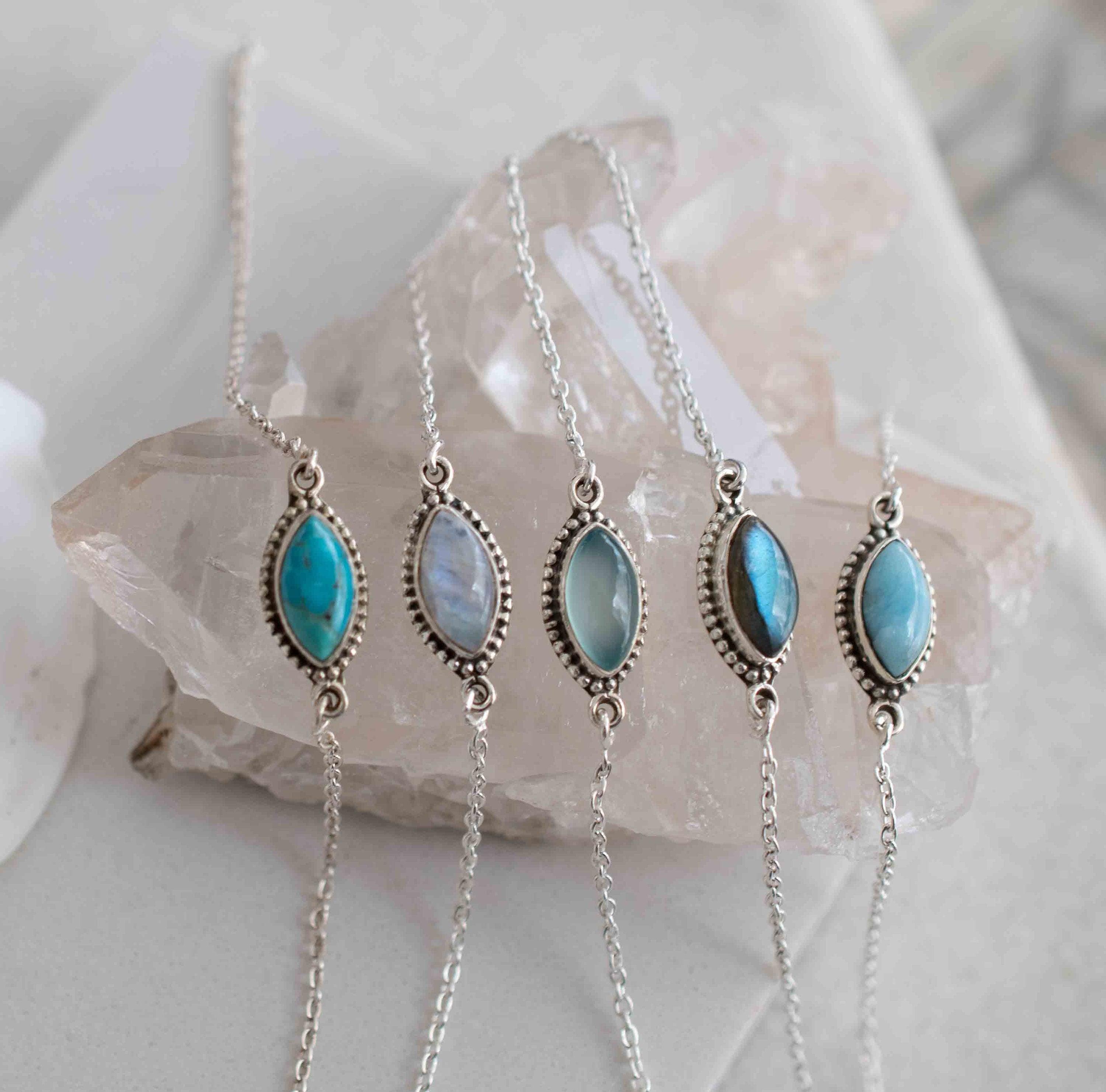 Turquoise, Labradorite, Larimar, Moonstone and Aqua Chalcedony Bracelet ~ Sterling Silver 925 ~Handmade ~Hippie ~Bohemian  ~Stackable MB0