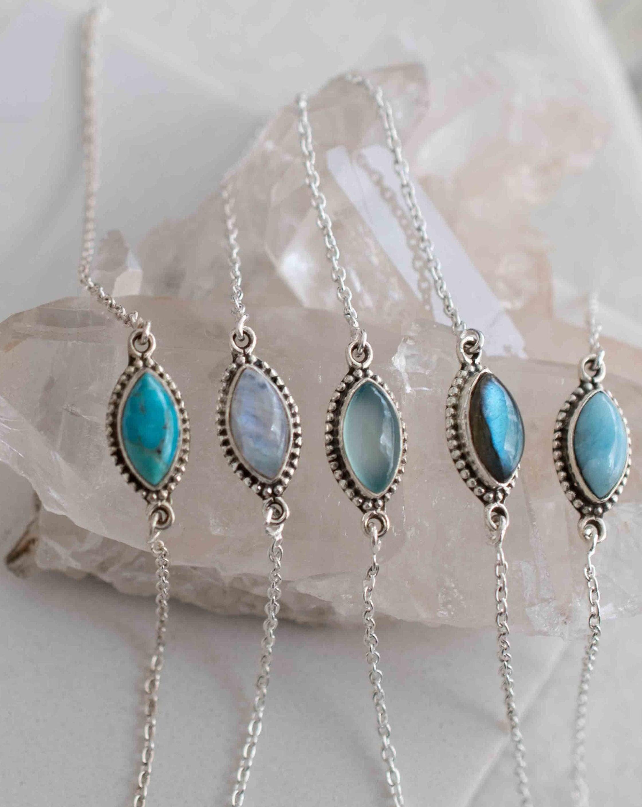 Turquoise, Labradorite, Larimar, Moonstone and Aqua Chalcedony Bracelet ~ Sterling Silver 925 ~Handmade ~Hippie ~Bohemian  ~Stackable MB042
