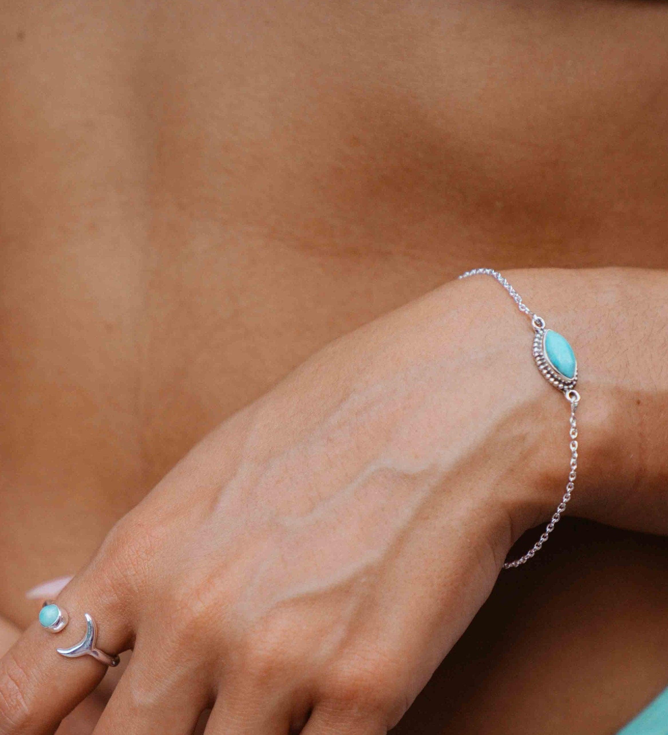 Turquoise, Labradorite, Larimar, Moonstone and Aqua Chalcedony Bracelet ~ Sterling Silver 925 ~Handmade ~Hippie ~Bohemian  ~Stackable MB0
