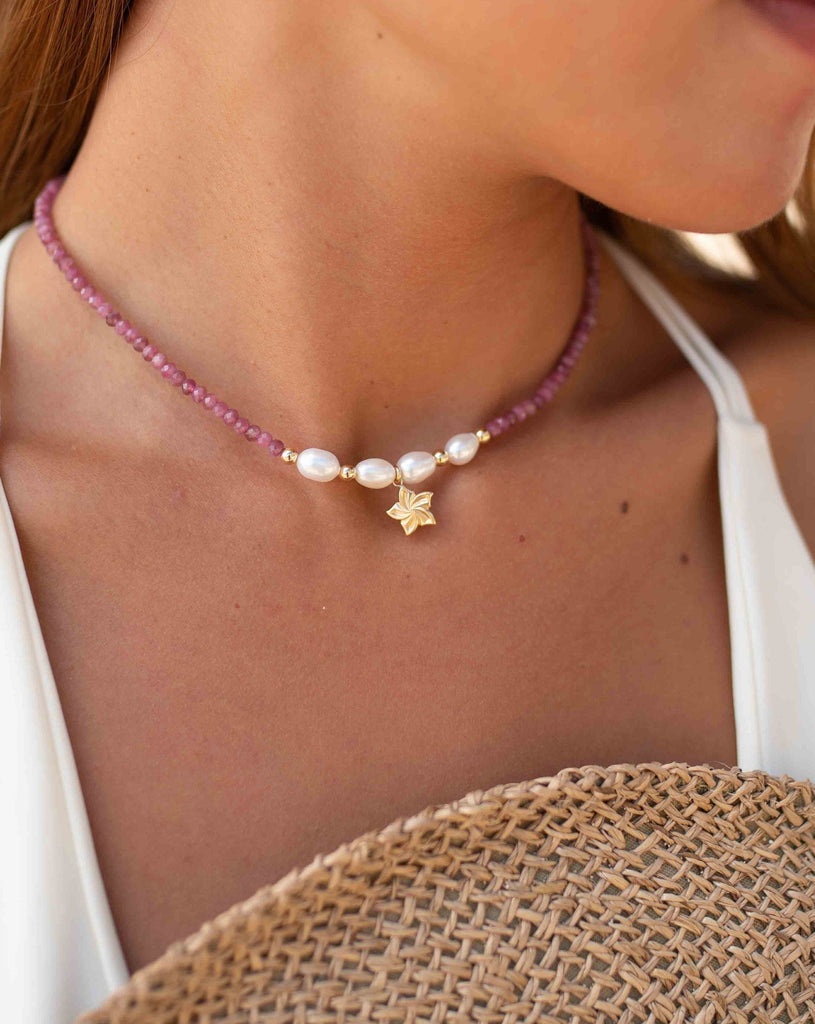 Pink Tourmaline and Pearl necklace~ Gold Filled Flower ~ Choker ~ Jewelry ~ Gift For Her ~ Minimalist~ Handmade MN099