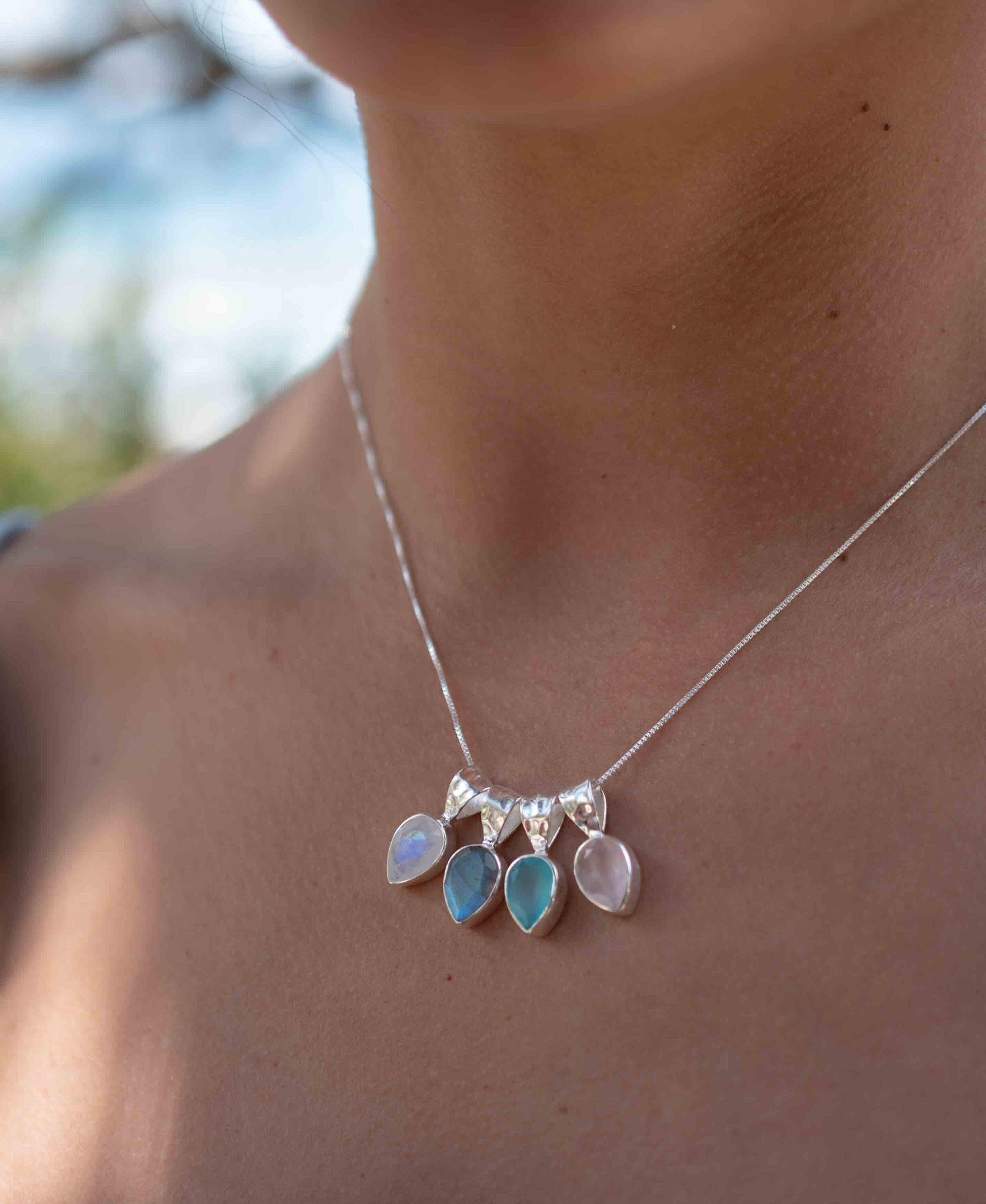 Labradorite, Aqua Chalcedony, Rose Quartz, Moonstone ~ Tear Drop ~ Sterling Silver ~ Charm ~ Layered ~ minimalist ~ delicate MP009