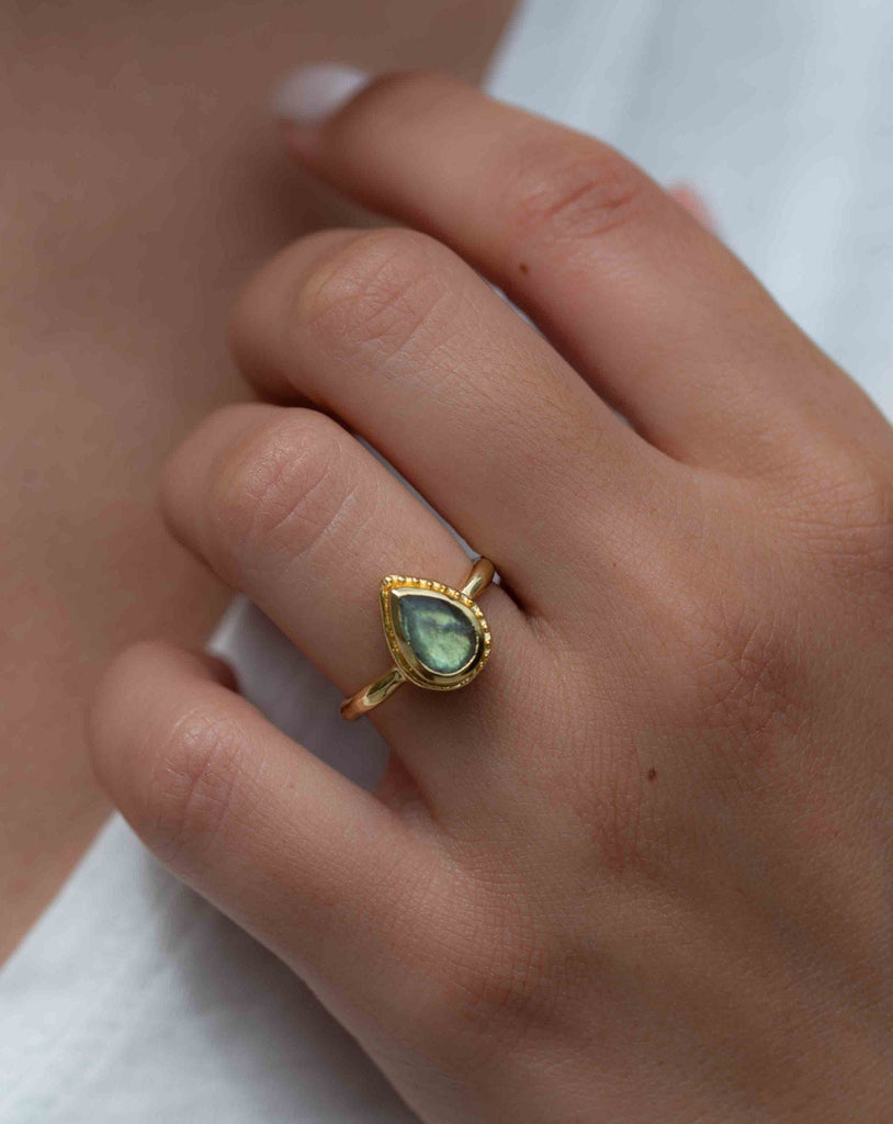 Rainbow Labradorite Tear Drop Ring ~ Gemstone ~ Natural ~ 18k Gold Plated ~ Jewelry ~ Handmade~February Birthstone - MR315