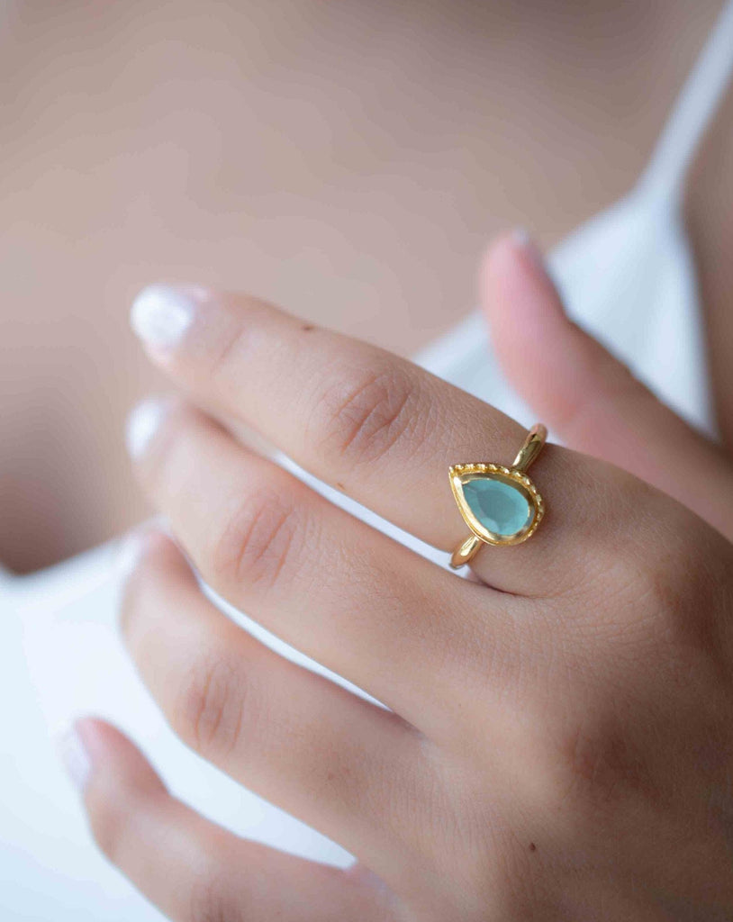 Aqua Chalcedony Gold Ring ~ Tear Drop Ring Delicate ~ 18k Gold Plated~Handmade~Gemstone~Statement~Everyday~Bohemian~ May Birthstone MR314