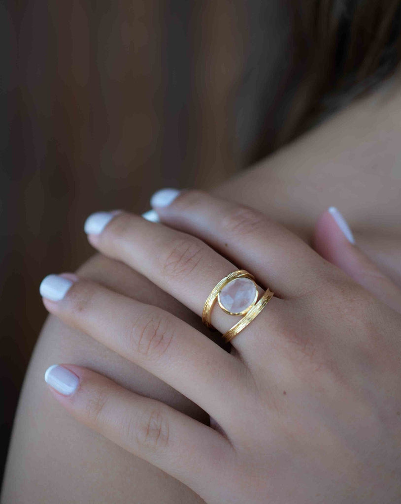 Rose Quartz Tear Drop Ring ~ Gemstone ~ Natural ~ 18k Gold Plated ~ Jewelry ~ Handmade~ January Birthstone - MR310