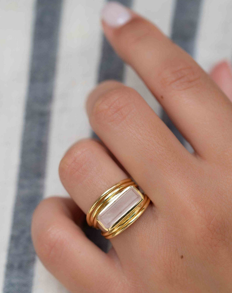Rose Quartz Rectangular Ring ~ Gemstone ~ Natural ~ 18k Gold Plated ~ Jewelry ~ Handmade~ January Birthstone - MR300
