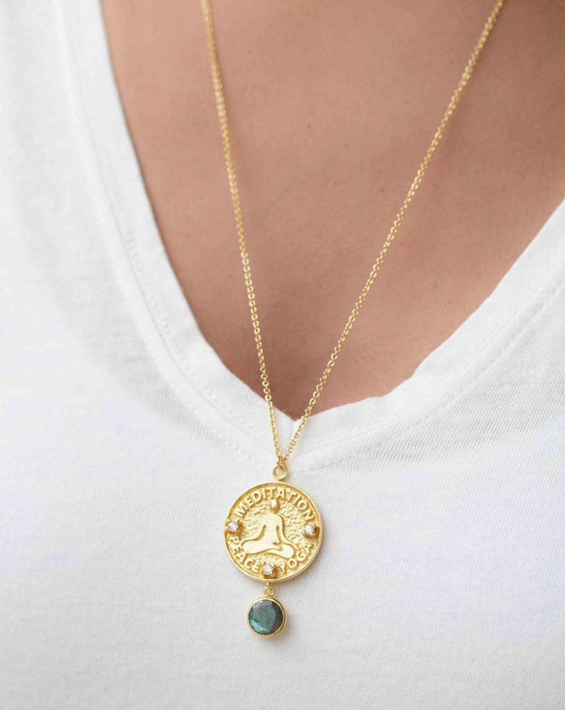 Labradorite, Moonstone or Aqua Chalcedony Meditation Peace Yoga Necklace ~ Charm ~ Gold plated 18k ~ Bohemian ~ Cubic zirconia ~ MN117