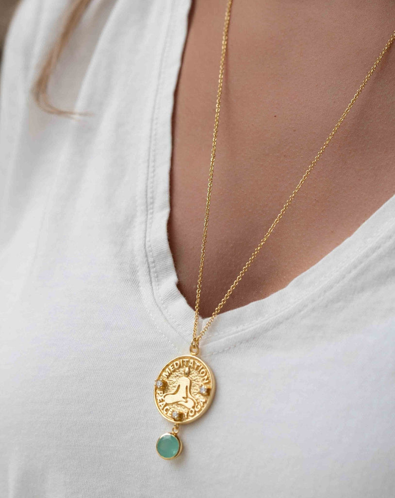 Labradorite, Moonstone or Aqua Chalcedony Meditation Peace Yoga Necklace ~ Charm ~ Gold plated 18k ~ Bohemian ~ Cubic zirconia ~ MN119