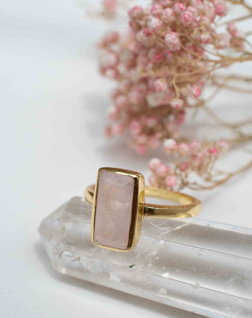 Rose Quartz Tear Drop Ring ~ Gemstone ~ Natural ~ 18k Gold Plated ~ Jewelry ~ Handmade~ January Birthstone - MR138