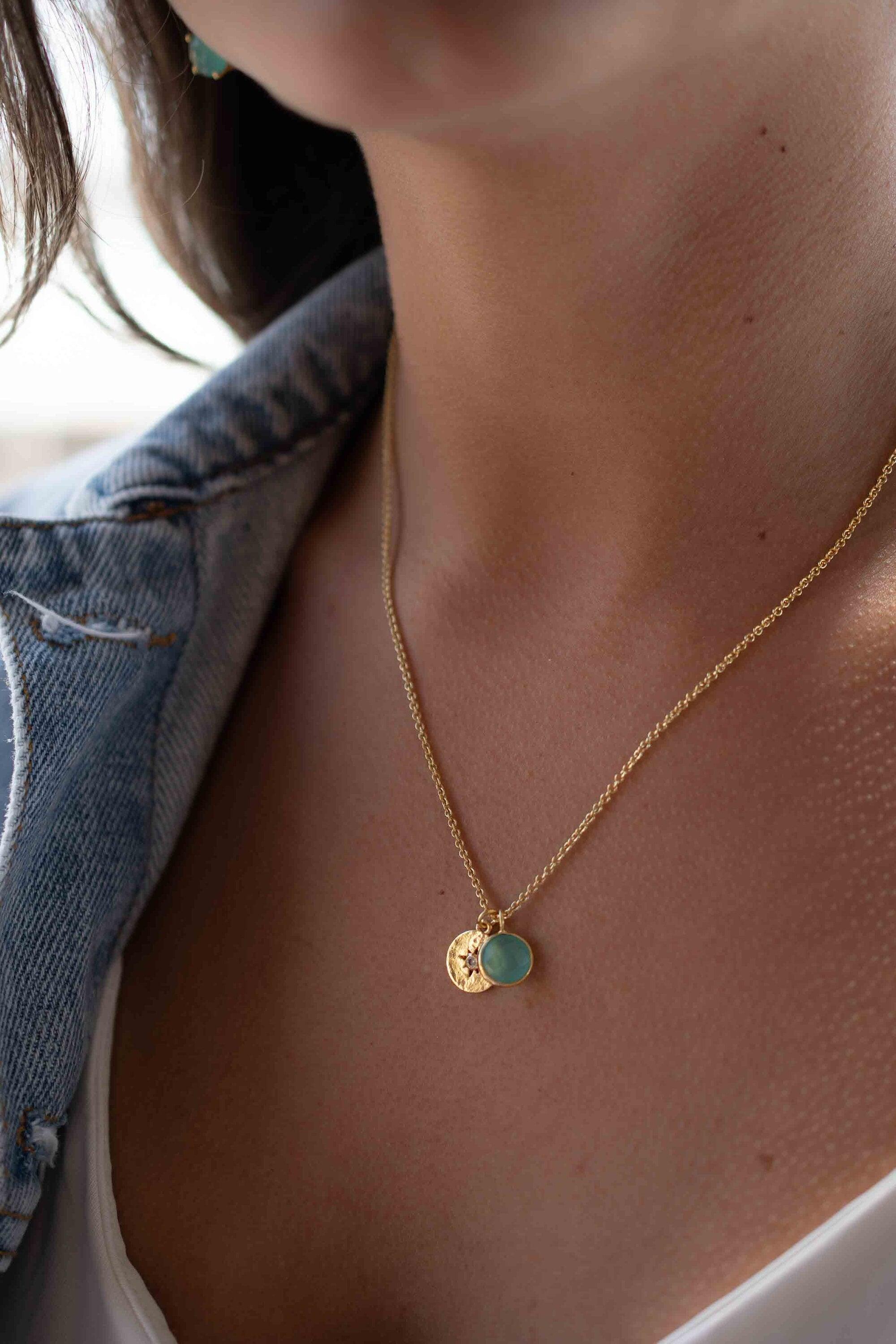 Iolite hydro, Aqua Chalcedony or Labradorite & CZ Necklace ~ Gold Plated 18k ~ Jewelry Minimalist~ Handmade~ Thin Chain~ Delicate~ MN125