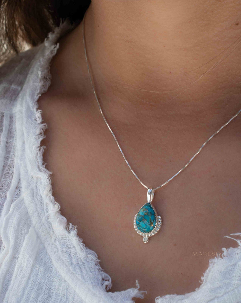 Copper Turquoise Necklace ~ Tear Drop ~ Sterling Silver ~ Charm ~ Minimalist ~ Delicate ~ Everyday Jewelry ~ MN142