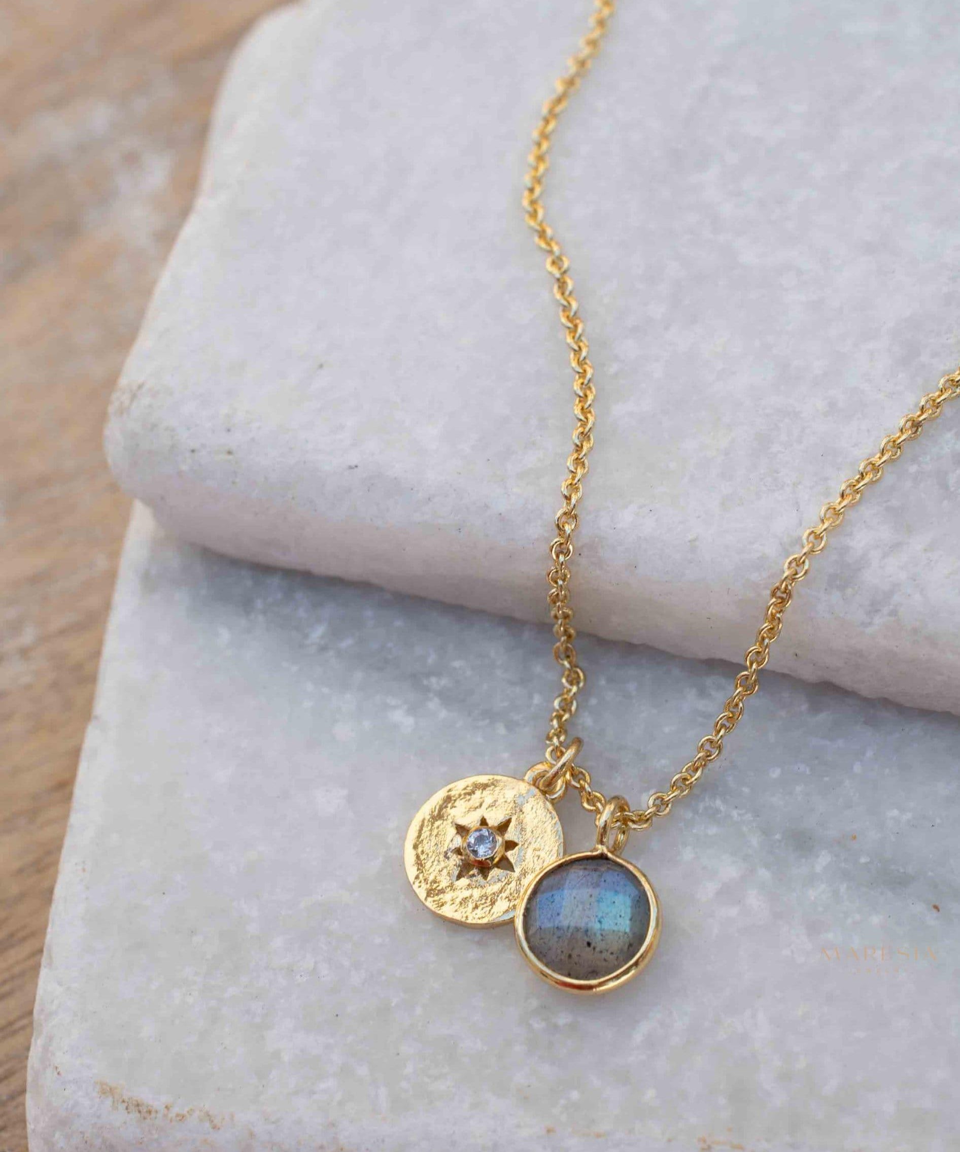 Iolite hydro, Aqua Chalcedony or Labradorite & CZ Necklace ~ Gold Plated 18k ~ Jewelry Minimalist~ Handmade~ Thin Chain~ Delicate~ MN125