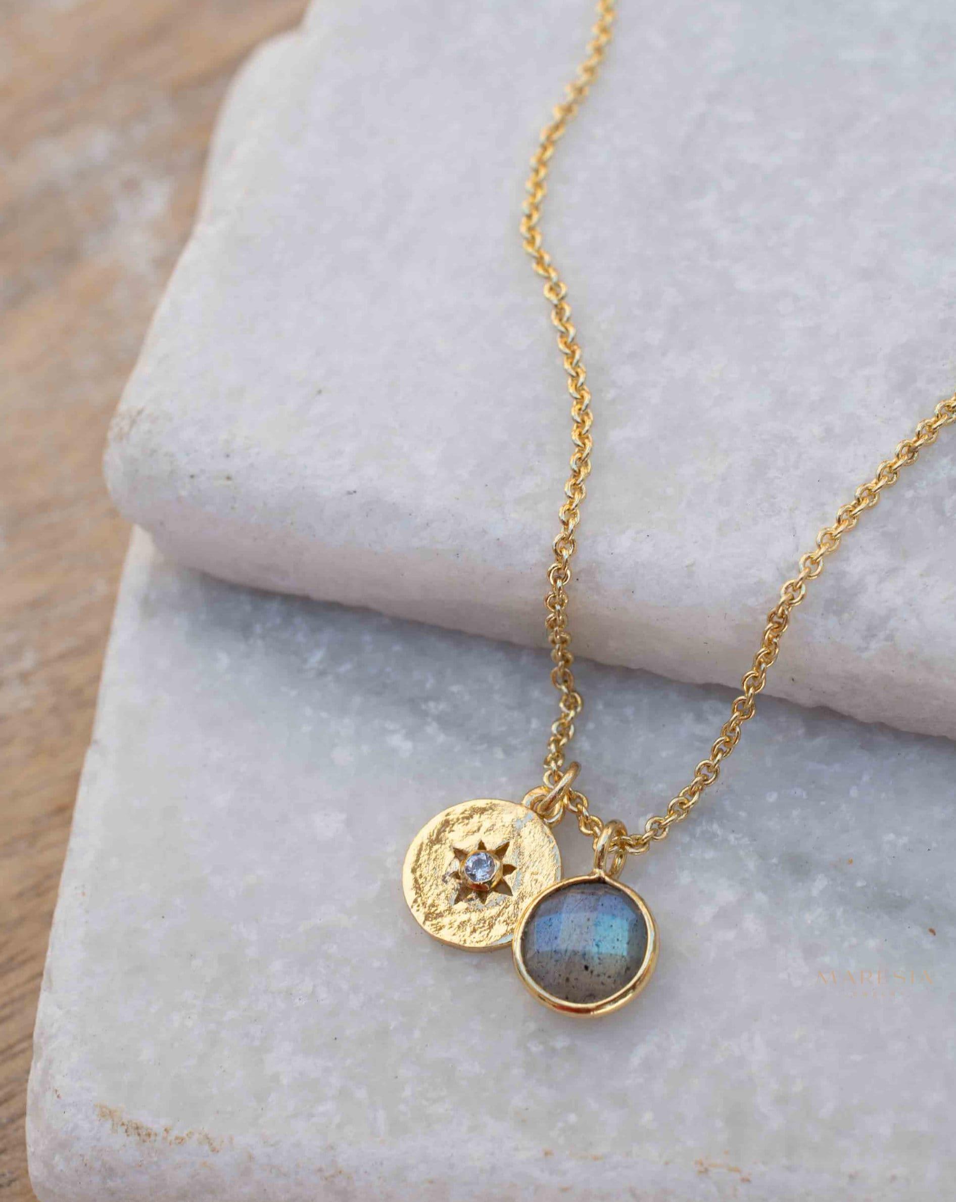 Iolite hydro, Aqua Chalcedony or Labradorite & CZ Necklace ~ Gold Plated 18k ~ Jewelry Minimalist~ Handmade~ Thin Chain~ Delicate~ MN125