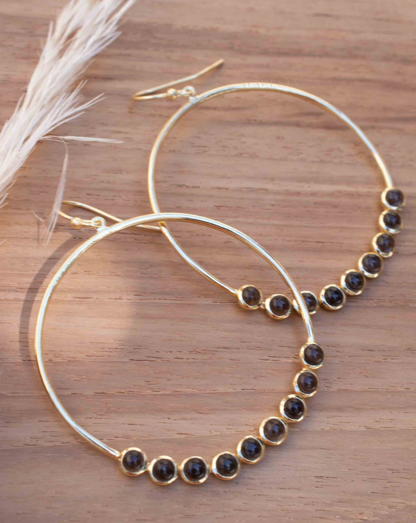 Smoky Quartz Large Round 18k Gold Plated Earrings ~ Gemstone ~ Dangle Earrings ~Boho design ~ Handmade ~ Jewelry ~ Gift for her ~ ME209
