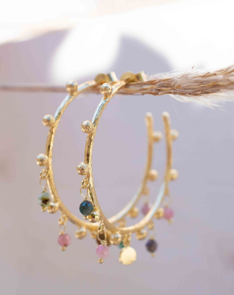 Tourmaline Hoop Earrings 18k Gold Plated Earrings ~ Gemstone ~ Post ~Boho design ~ Handmade ~ Jewelry ~ Gift for her ~ ME213