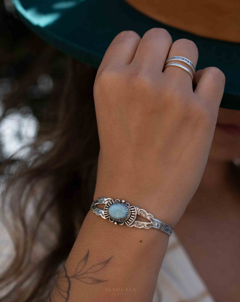 Larimar Adjustable Small wrist Bracelet ~ Sterling Silver 925~Handmade~Hippie ~Bohemian~Jewelry ~Gift For Her ~Gemstone ~Body~MB057