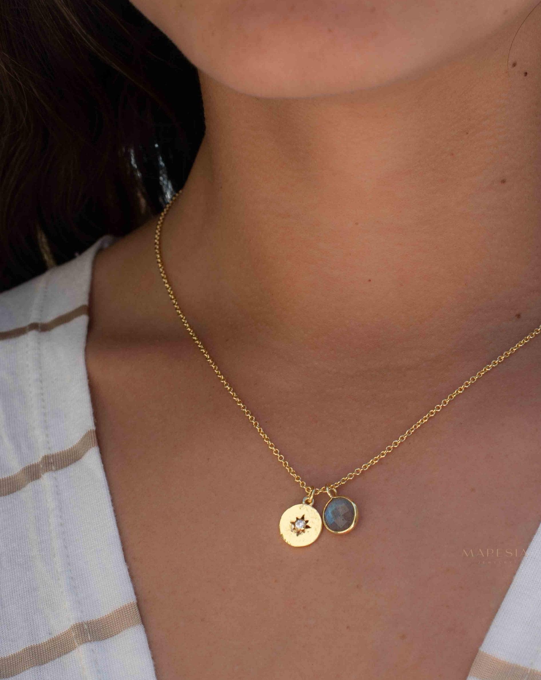 Iolite hydro, Aqua Chalcedony or Labradorite & CZ Necklace ~ Gold Plated 18k ~ Jewelry Minimalist~ Handmade~ Thin Chain~ Delicate~ MN125
