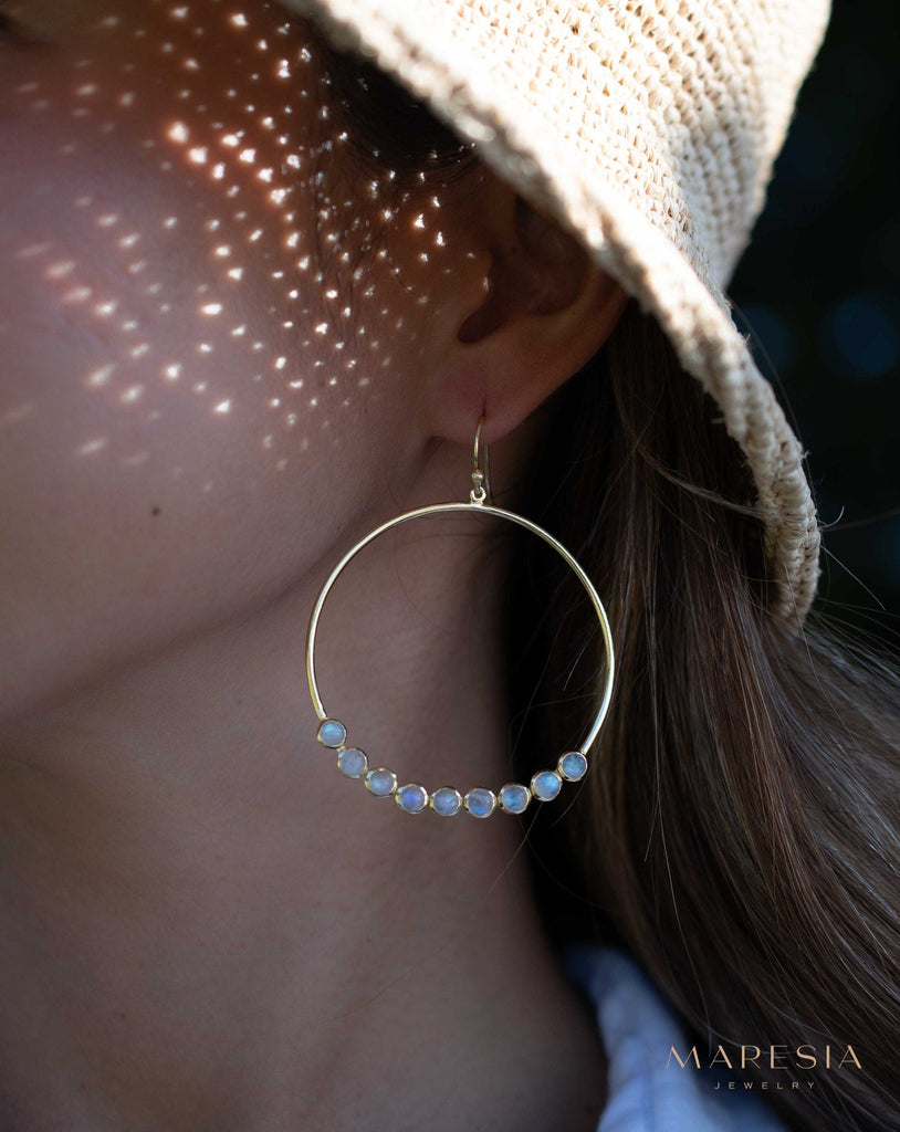 Moonstone Large Round 18k Gold Plated Earrings ~ Gemstone ~ Dangle Earrings ~Boho design ~ Handmade ~ Jewelry ~ Gift for her ~ ME211