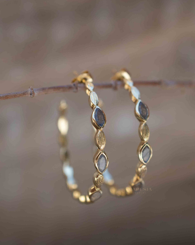 Labradorite Hoop Earrings 18k Gold Plated Earrings ~ Gemstone ~ Post ~Boho design ~ Handmade ~ Jewelry ~ Gift for her ~ ME207