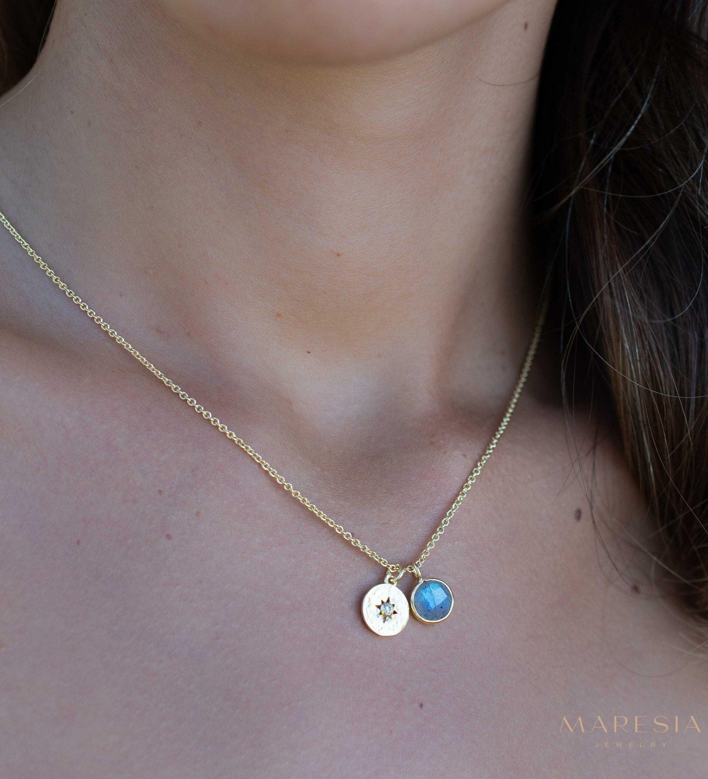 Iolite hydro, Aqua Chalcedony or Labradorite & CZ Necklace ~ Gold Plated 18k ~ Jewelry Minimalist~ Handmade~ Thin Chain~ Delicate~ MN126