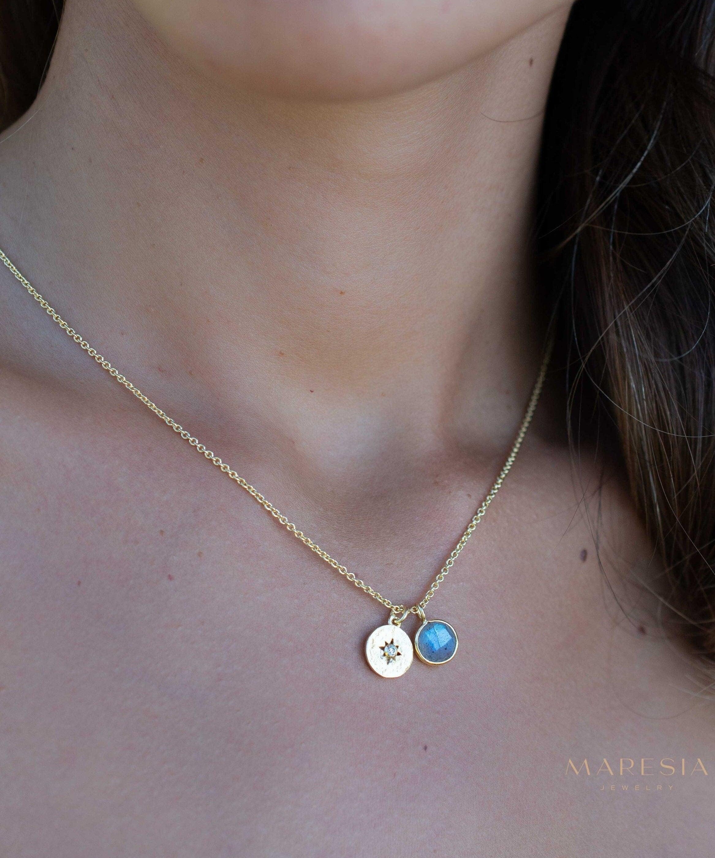 Iolite hydro, Aqua Chalcedony or Labradorite & CZ Necklace ~ Gold Plated 18k ~ Jewelry Minimalist~ Handmade~ Thin Chain~ Delicate~ MN126