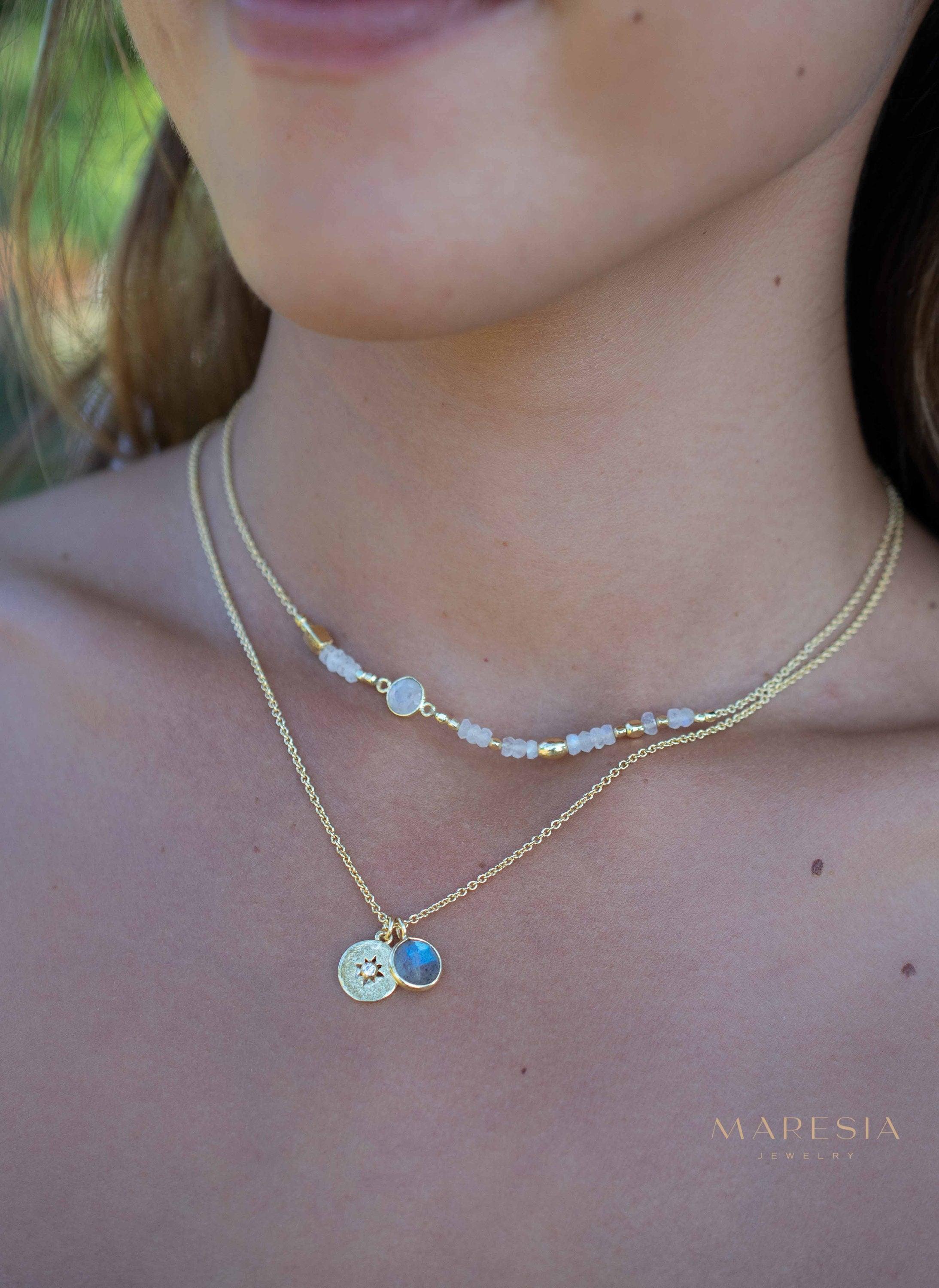 Iolite hydro, Aqua Chalcedony or Labradorite & CZ Necklace ~ Gold Plated 18k ~ Jewelry Minimalist~ Handmade~ Thin Chain~ Delicate~ MN126