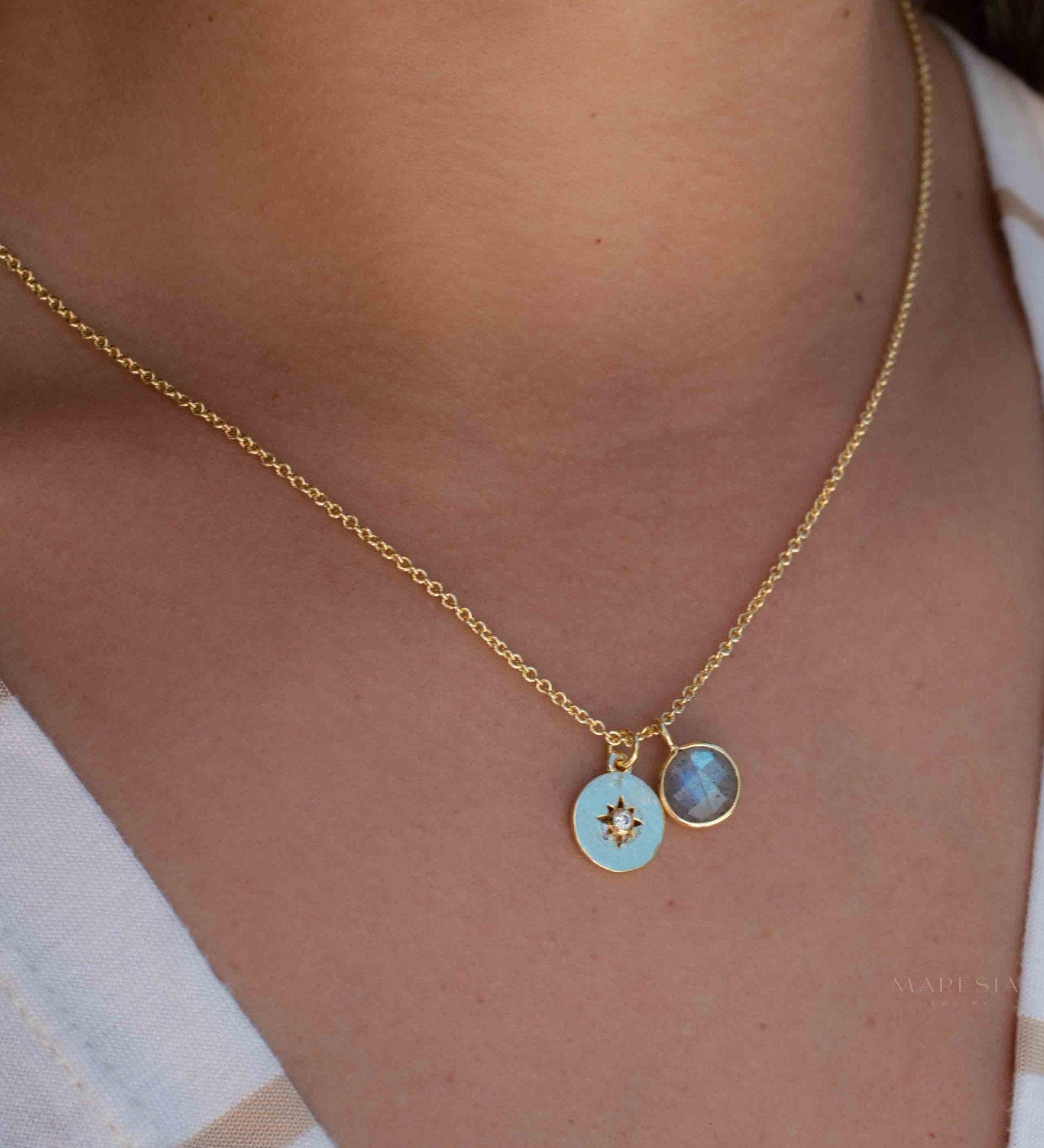 Iolite hydro, Aqua Chalcedony or Labradorite & CZ Necklace ~ Gold Plated 18k ~ Jewelry Minimalist~ Handmade~ Thin Chain~ Delicate~ MN126