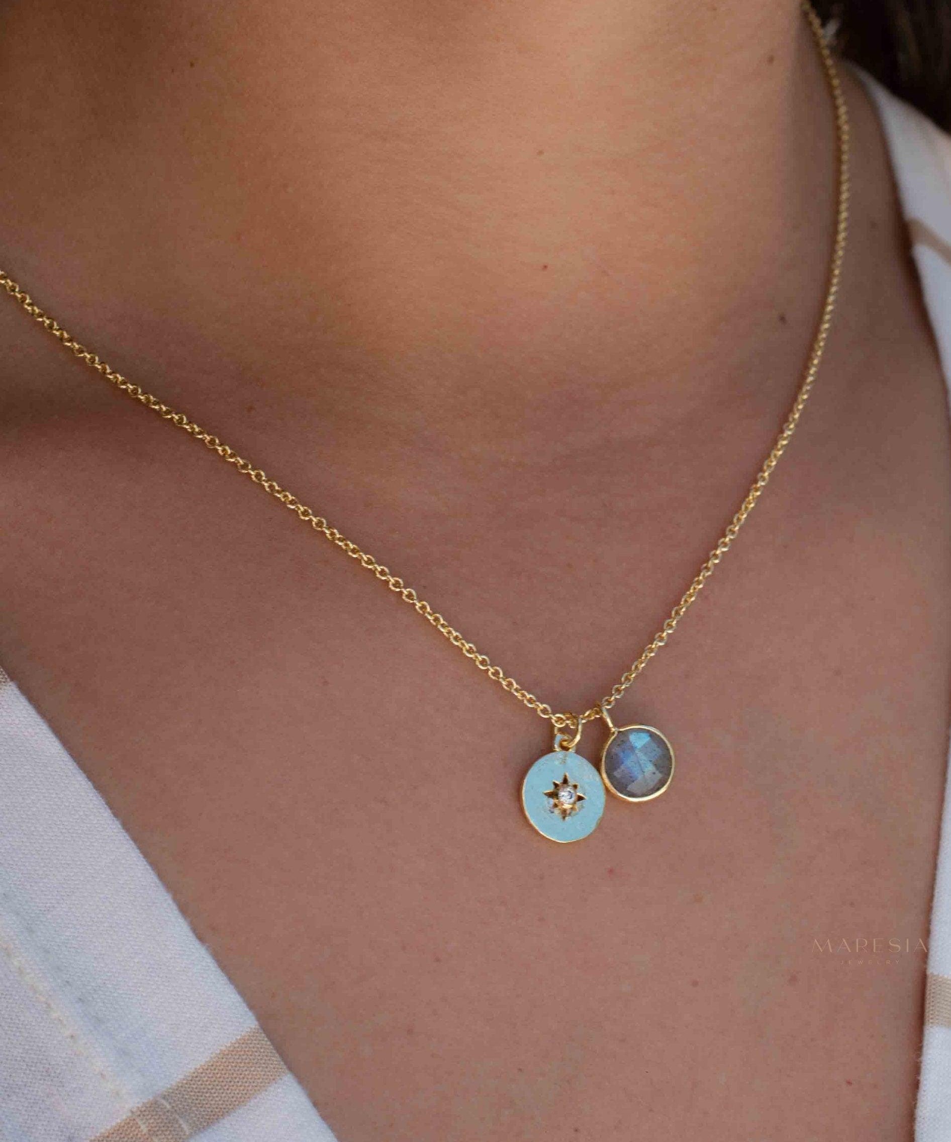 Iolite hydro, Aqua Chalcedony or Labradorite & CZ Necklace ~ Gold Plated 18k ~ Jewelry Minimalist~ Handmade~ Thin Chain~ Delicate~ MN126