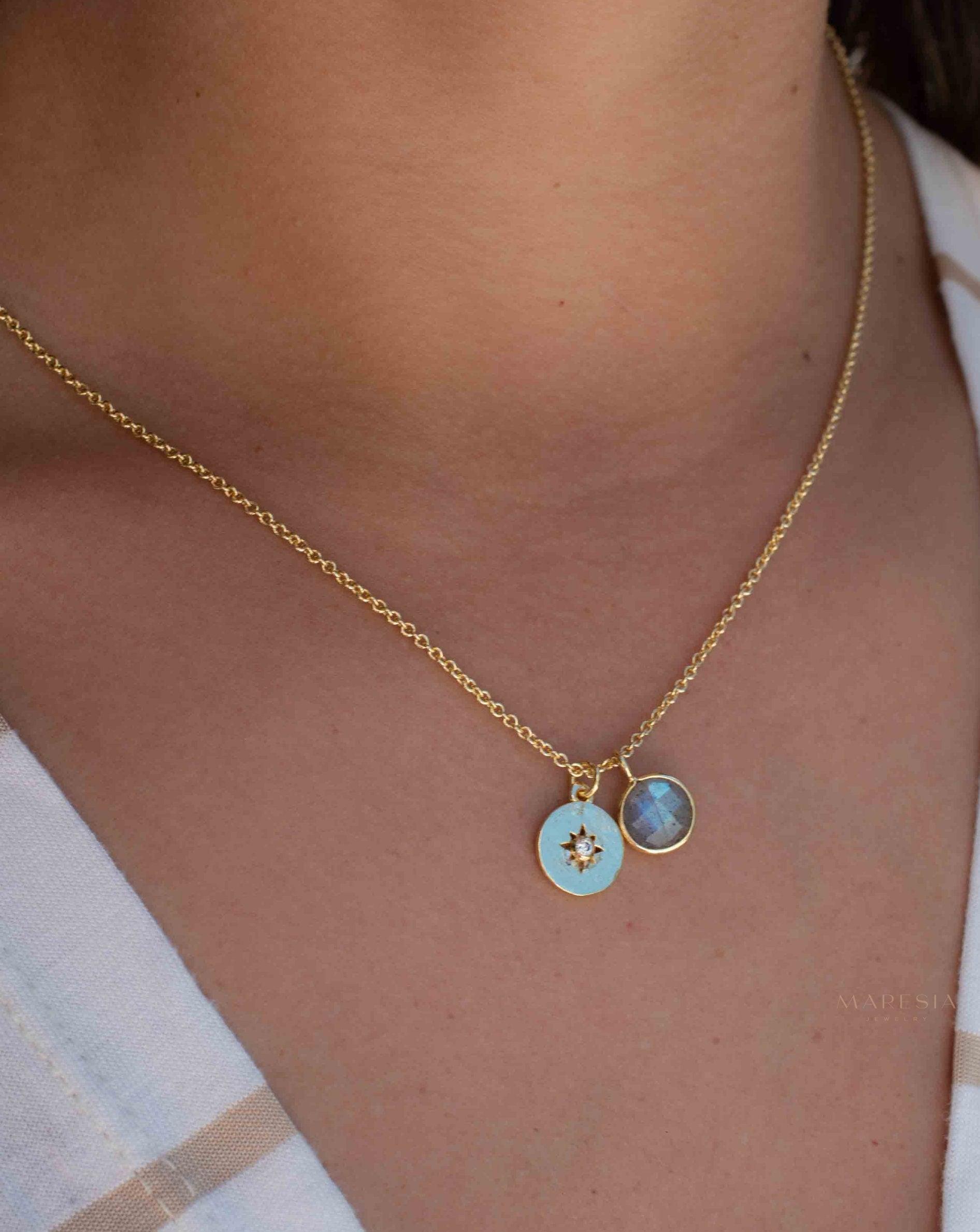 Iolite hydro, Aqua Chalcedony or Labradorite & CZ Necklace ~ Gold Plated 18k ~ Jewelry Minimalist~ Handmade~ Thin Chain~ Delicate~ MN126