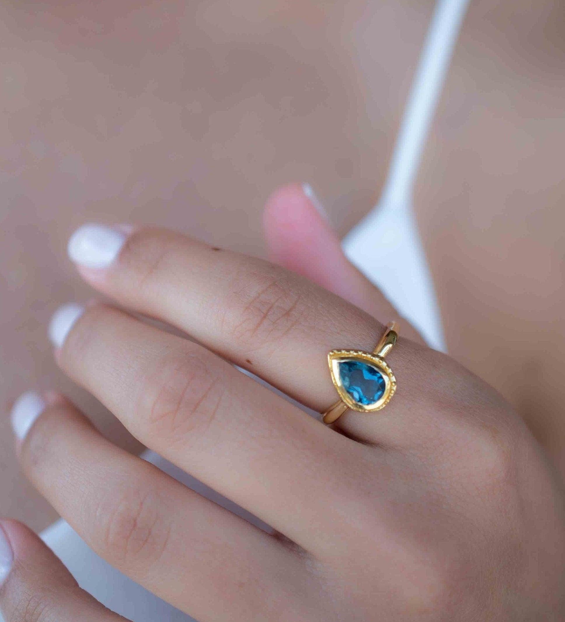 Iolite Hydro Ring ~ Tear Drop Stone ~ 18k Gold Plated ~ Jewelry ~ Handmade ~ Boho ~ Stackable Ring ~ MR313