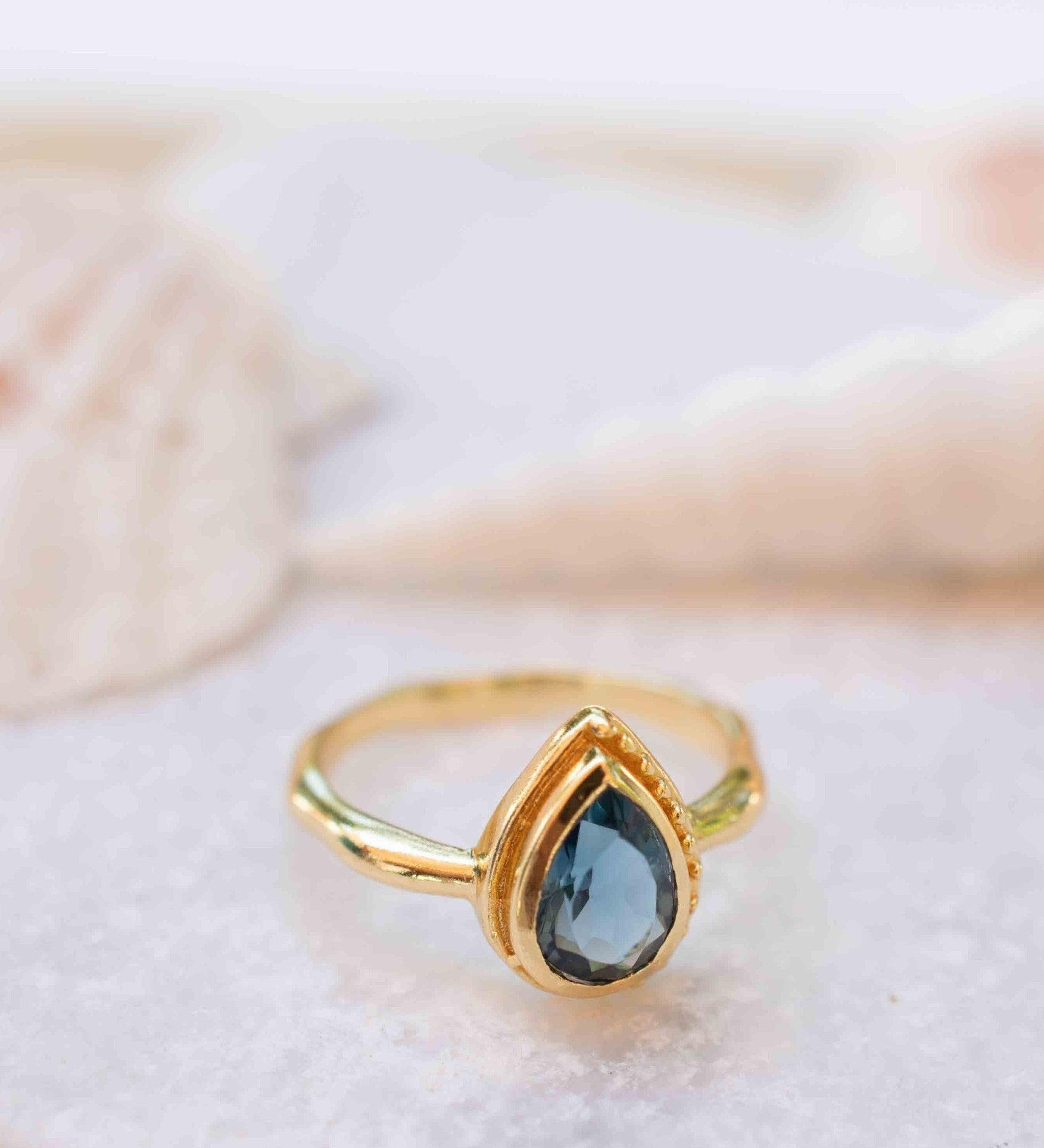Iolite Hydro Ring ~ Tear Drop Stone ~ 18k Gold Plated ~ Jewelry ~ Handmade ~ Boho ~ Stackable Ring ~ MR313
