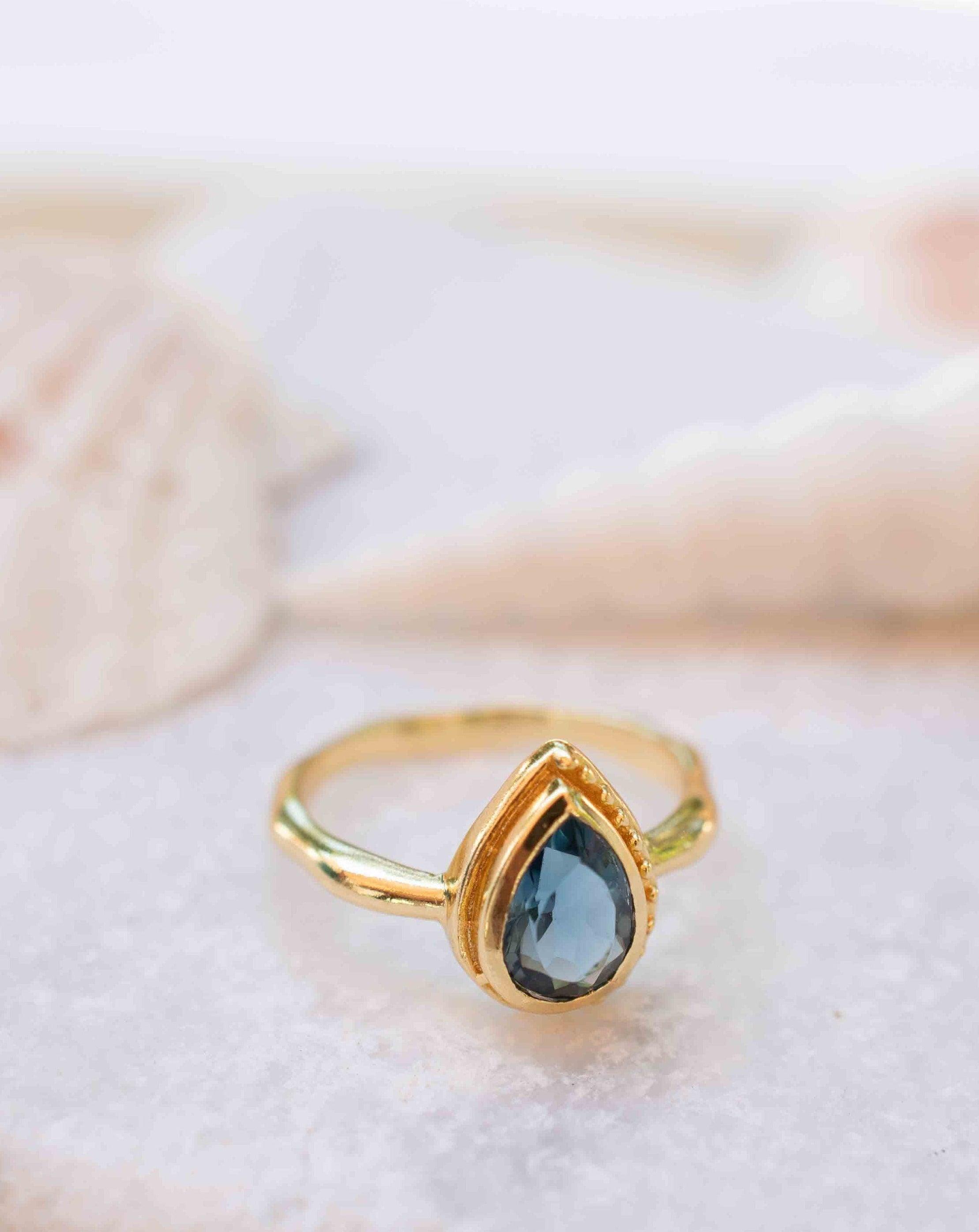 Iolite Hydro Ring ~ Tear Drop Stone ~ 18k Gold Plated ~ Jewelry ~ Handmade ~ Boho ~ Stackable Ring ~ MR313
