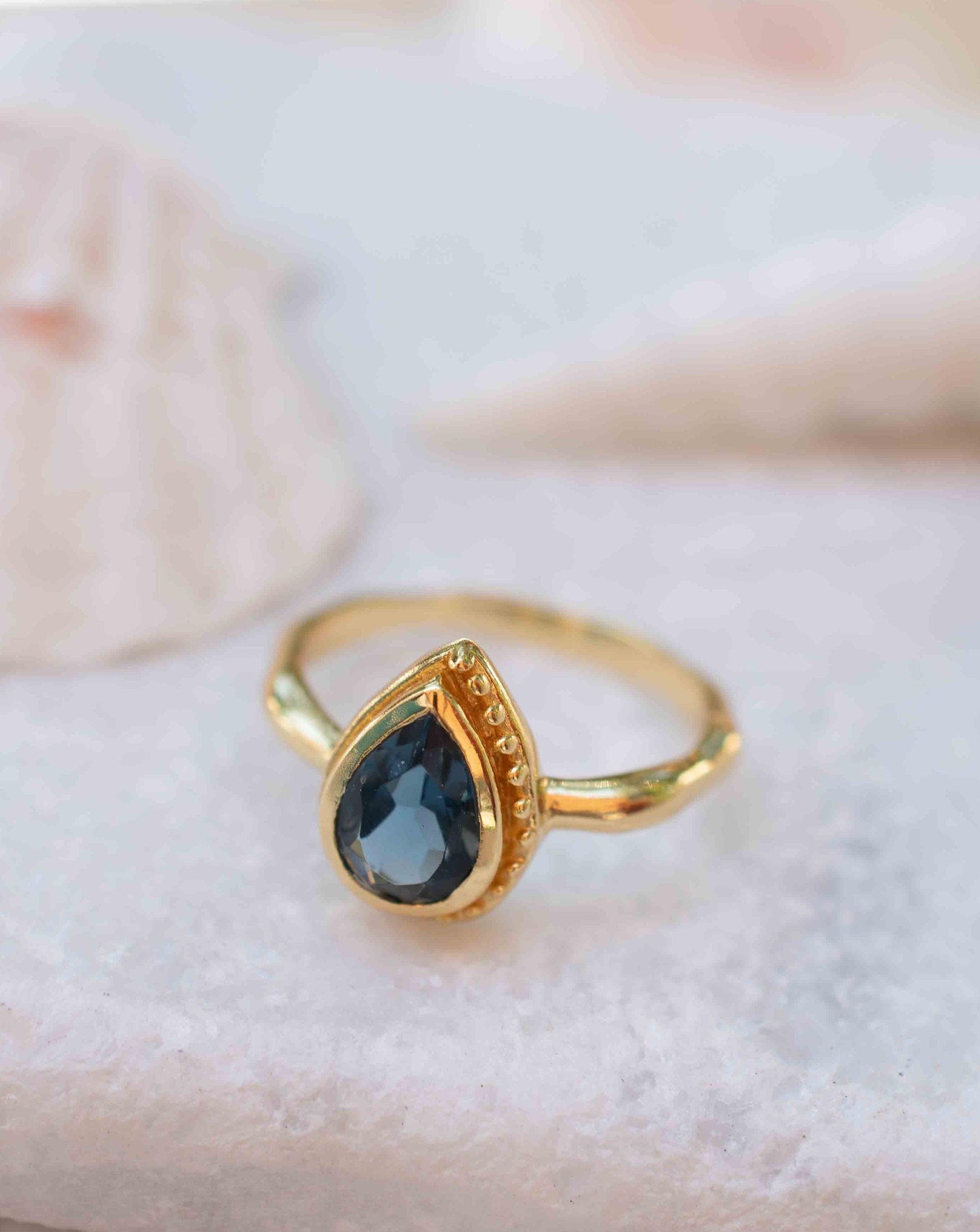 Iolite Hydro Ring ~ Tear Drop Stone ~ 18k Gold Plated ~ Jewelry ~ Handmade ~ Boho ~ Stackable Ring ~ MR313