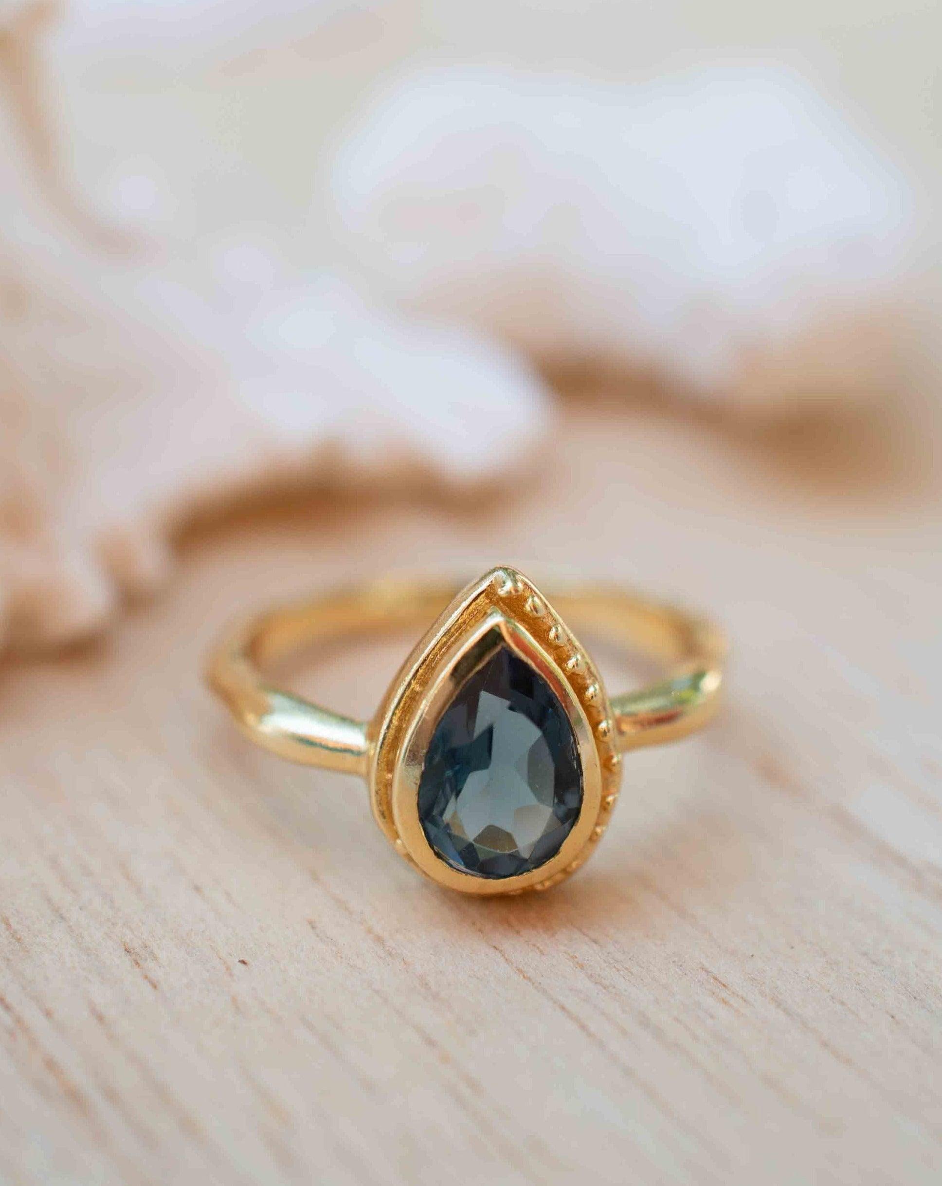 Iolite Hydro Ring ~ Tear Drop Stone ~ 18k Gold Plated ~ Jewelry ~ Handmade ~ Boho ~ Stackable Ring ~ MR313