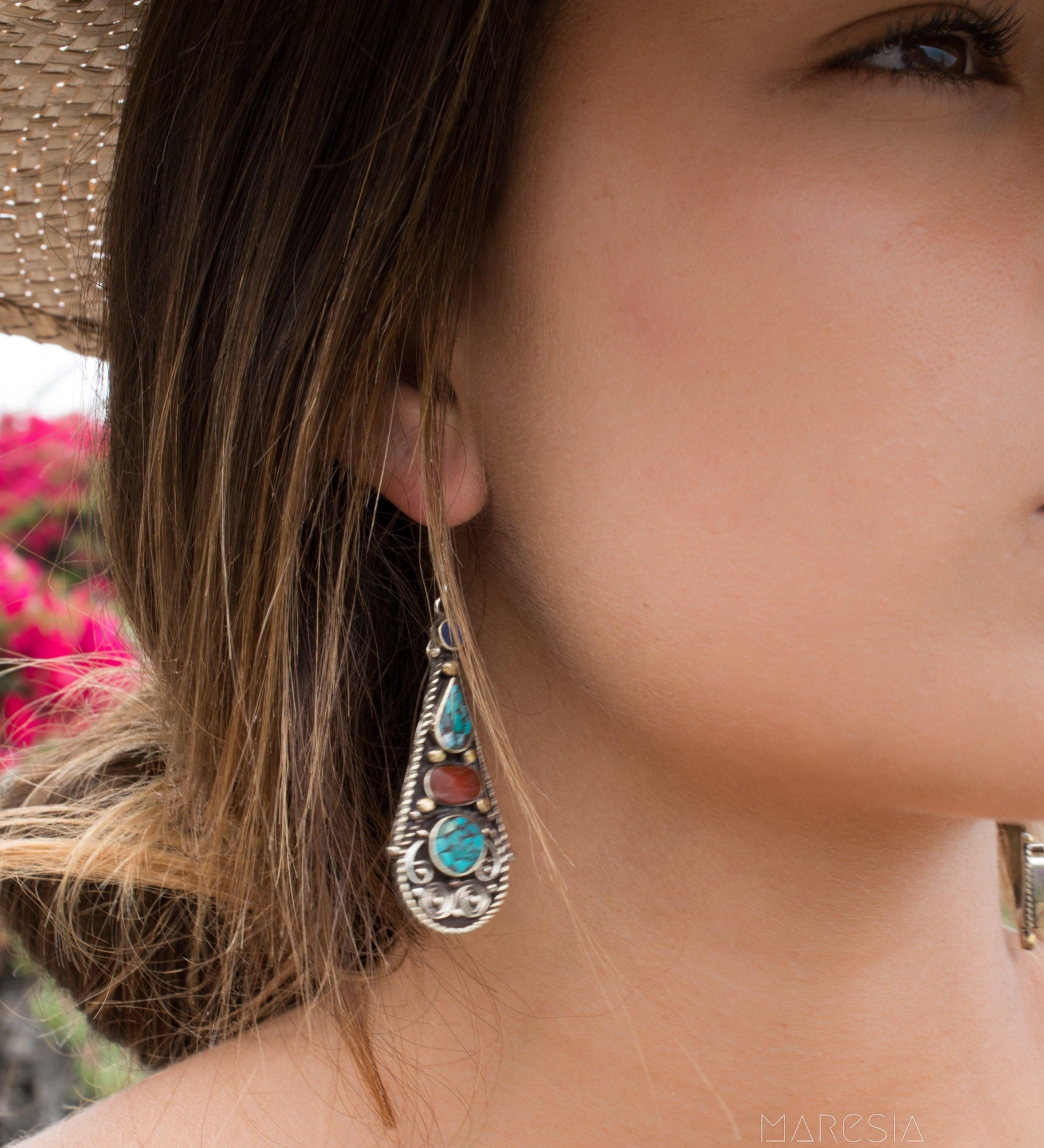 Jeanne Turquoise Tibetan Earrings ~German Silver ~ SME046 - Maresia Jewelry