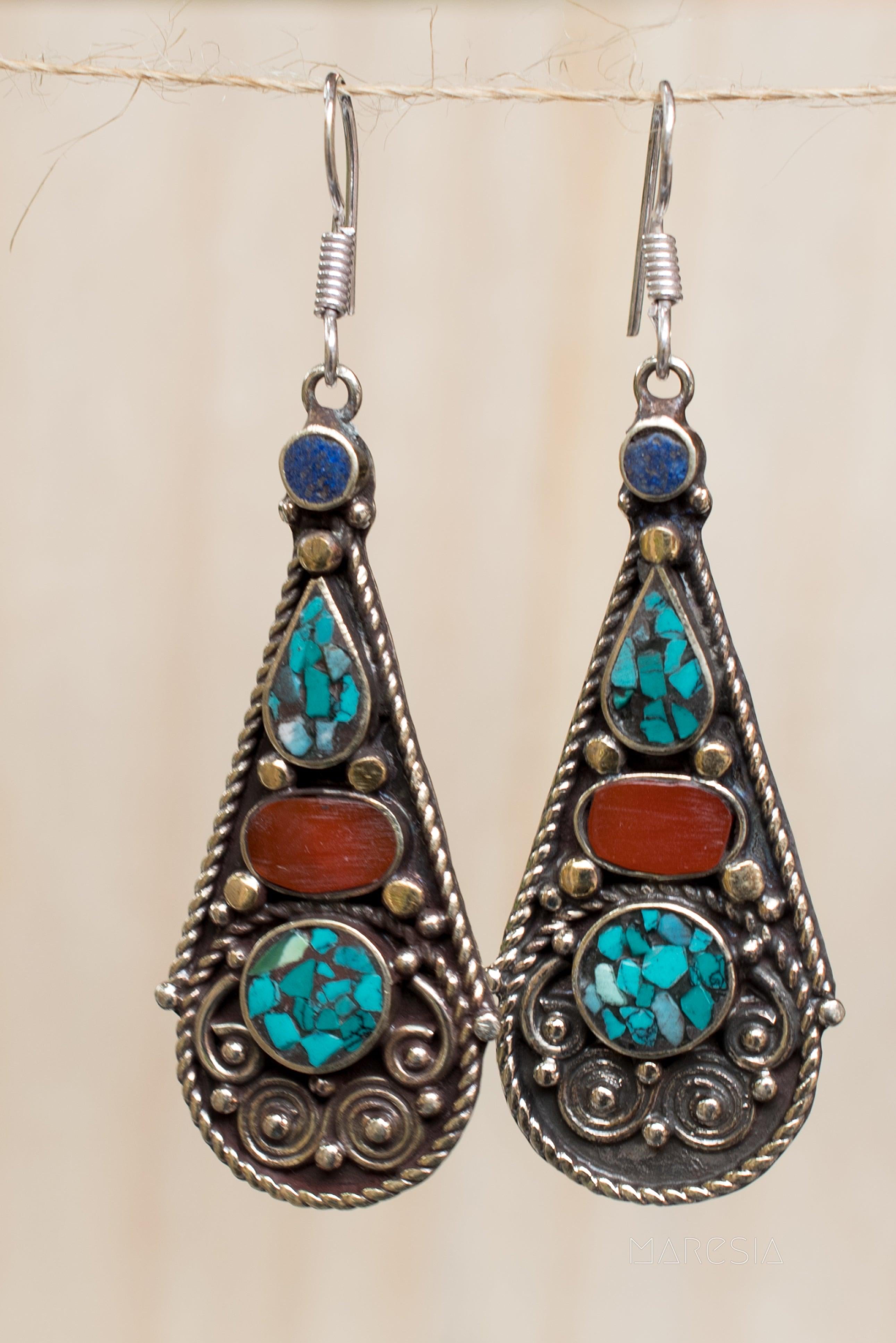 Jeanne Turquoise Tibetan Earrings ~German Silver ~ SME046 - Maresia Jewelry