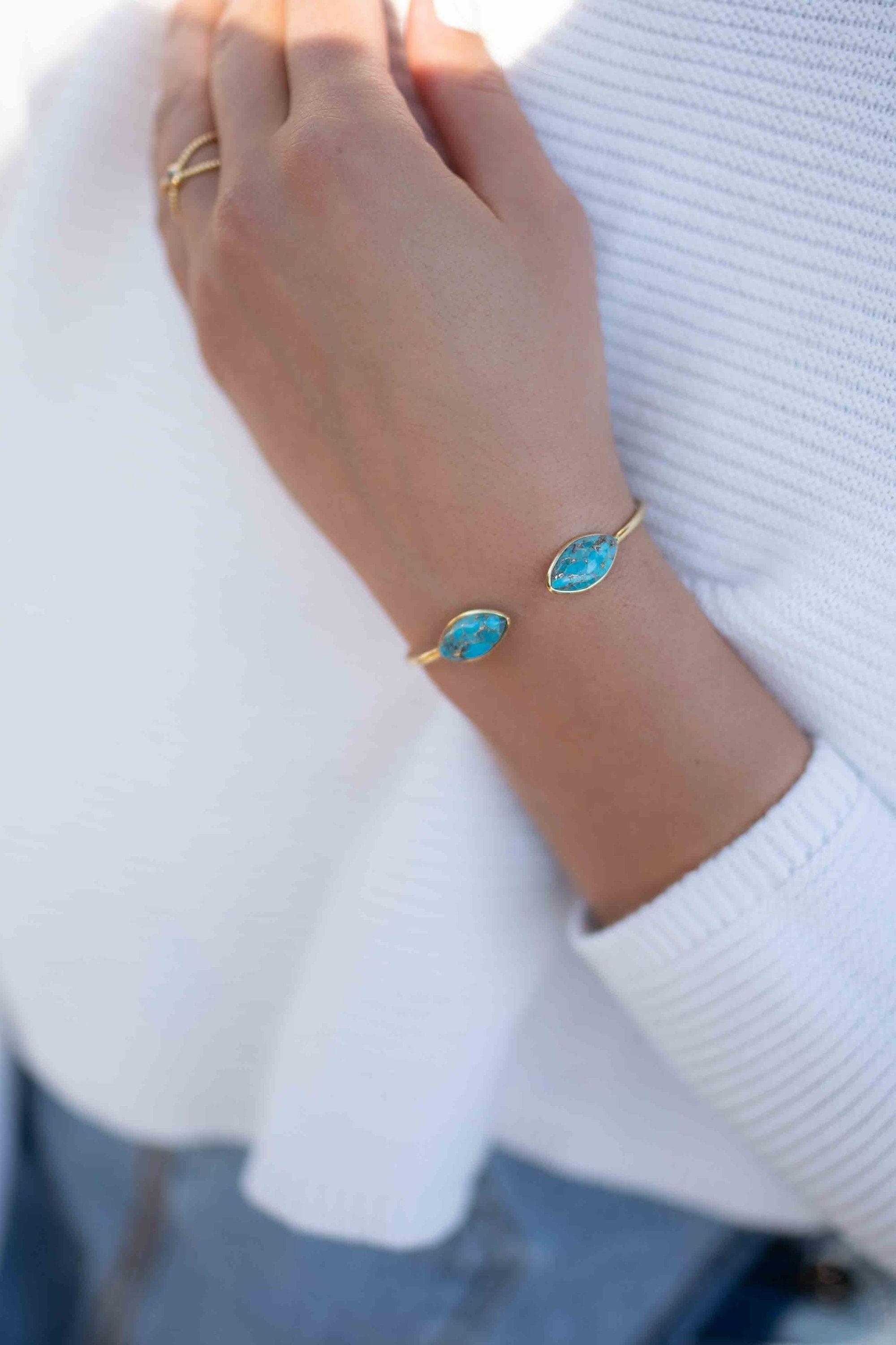 Copper Turquoise Adjustable Bracelet ~ Gold Plated 18k ~ Handmade ~Statement  Hippie ~Bohemian ~Jewelry ~Gift For Her ~Gemstone ~Body MB037