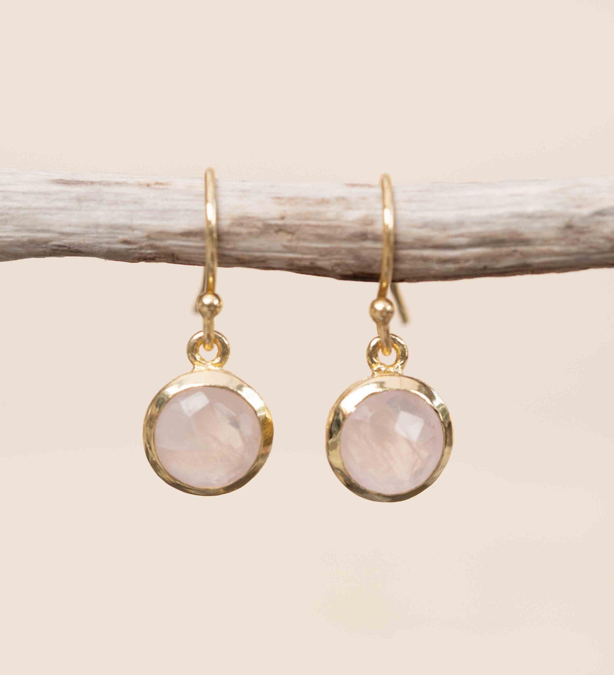 Rose Quartz 18k Gold Plated Earrings ~ Gemstone ~ Dangle Earrings ~ Round ~ Handmade ~ Jewelry ~ Gift for her ~ ME199